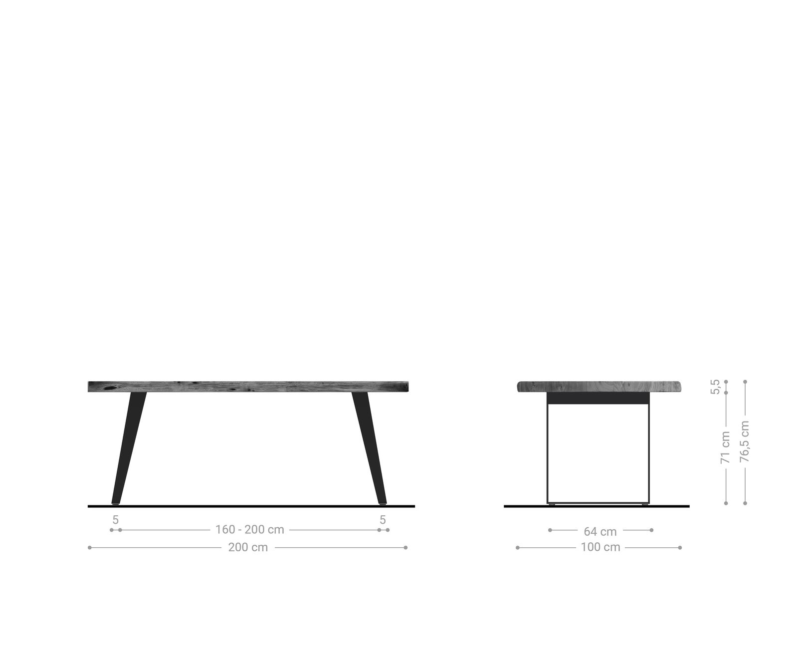 Esstisch Edge 200x100cm XL Akazie Natur Edelstahl Silber schräg Live-Edge 5