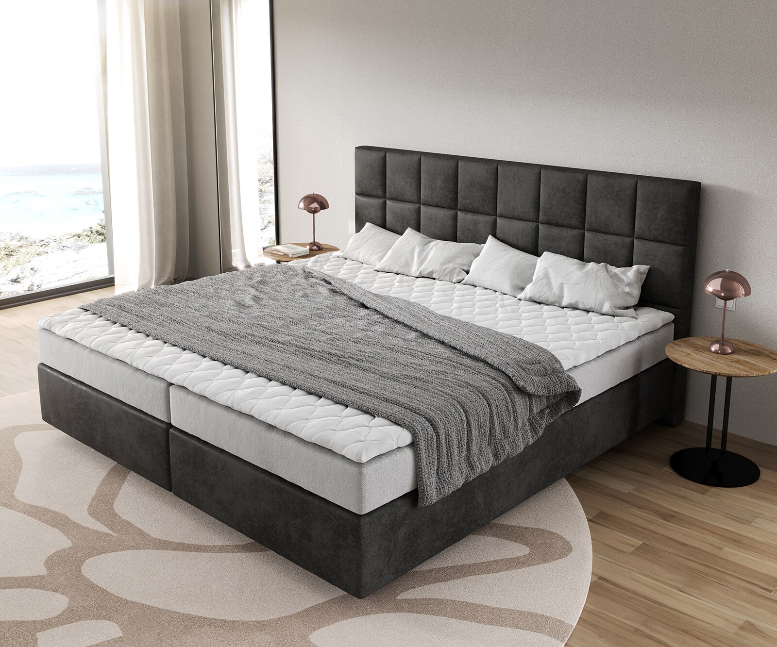 Boxspringbett Dream-Fine Mikrofaser Anthrazit Vintage 200x200 cm Bonell-Matratze PU-Topper 3