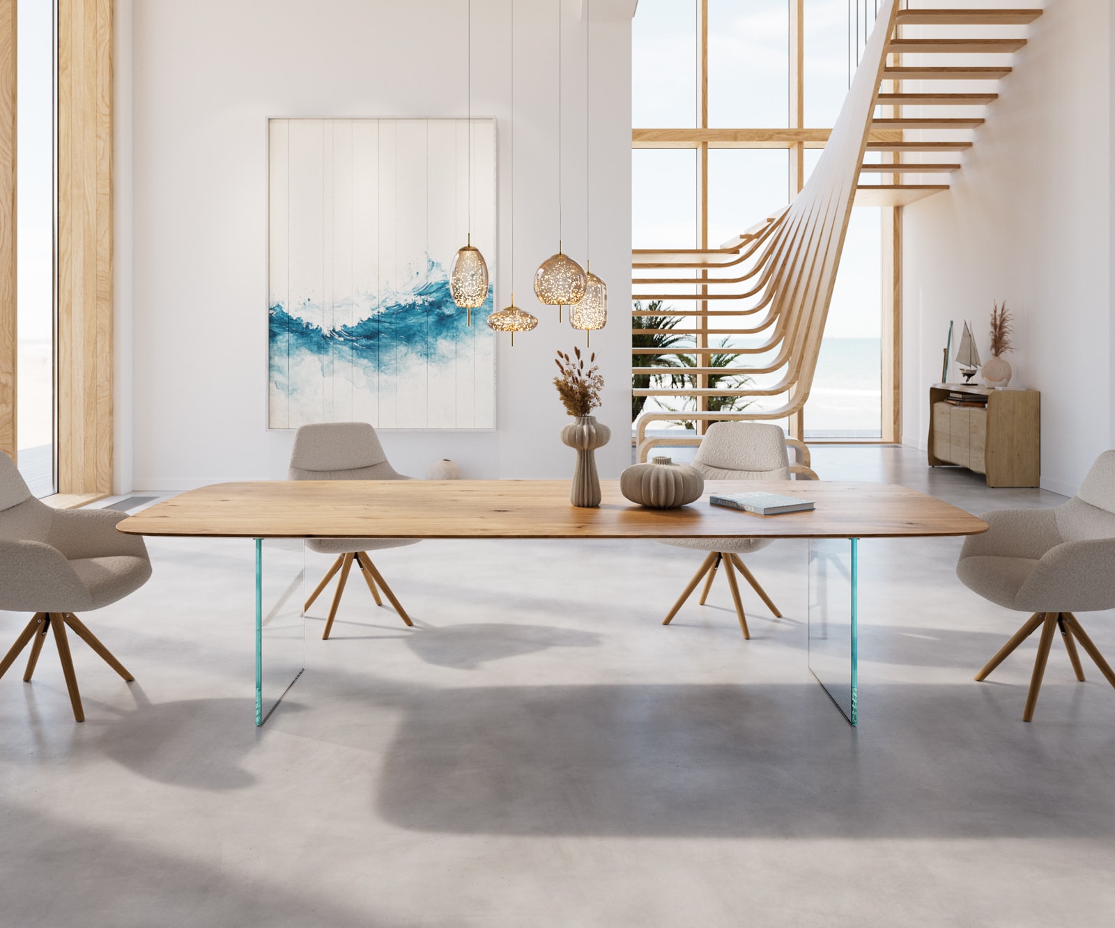 Esstisch Edge Boot 300x120x2,5-3 Eiche Natur Glas Schweizer Kante 2