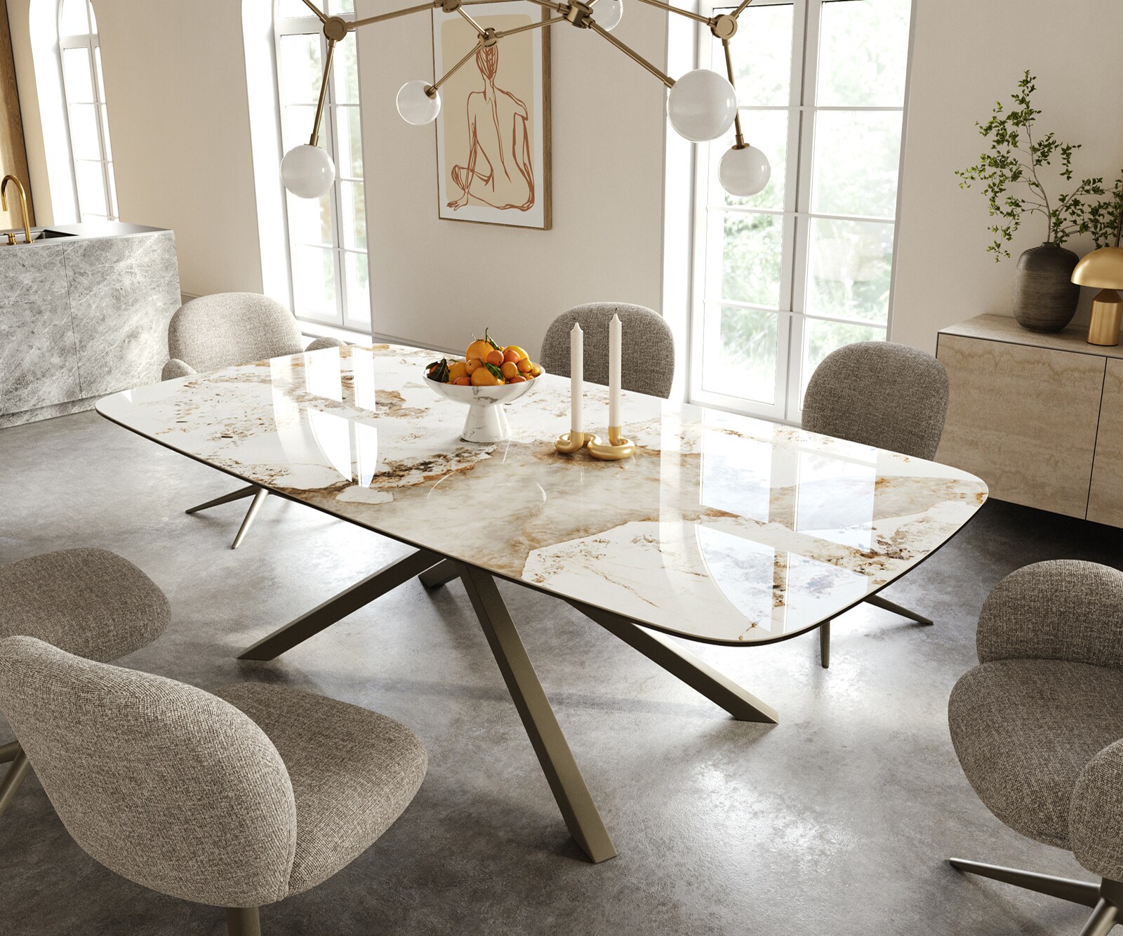 Esstisch Edge Boot 240x120 cm Keramik Minas Melange Weiß-Beige Kreuzgestell Rechteck Effektfinish Titan 1