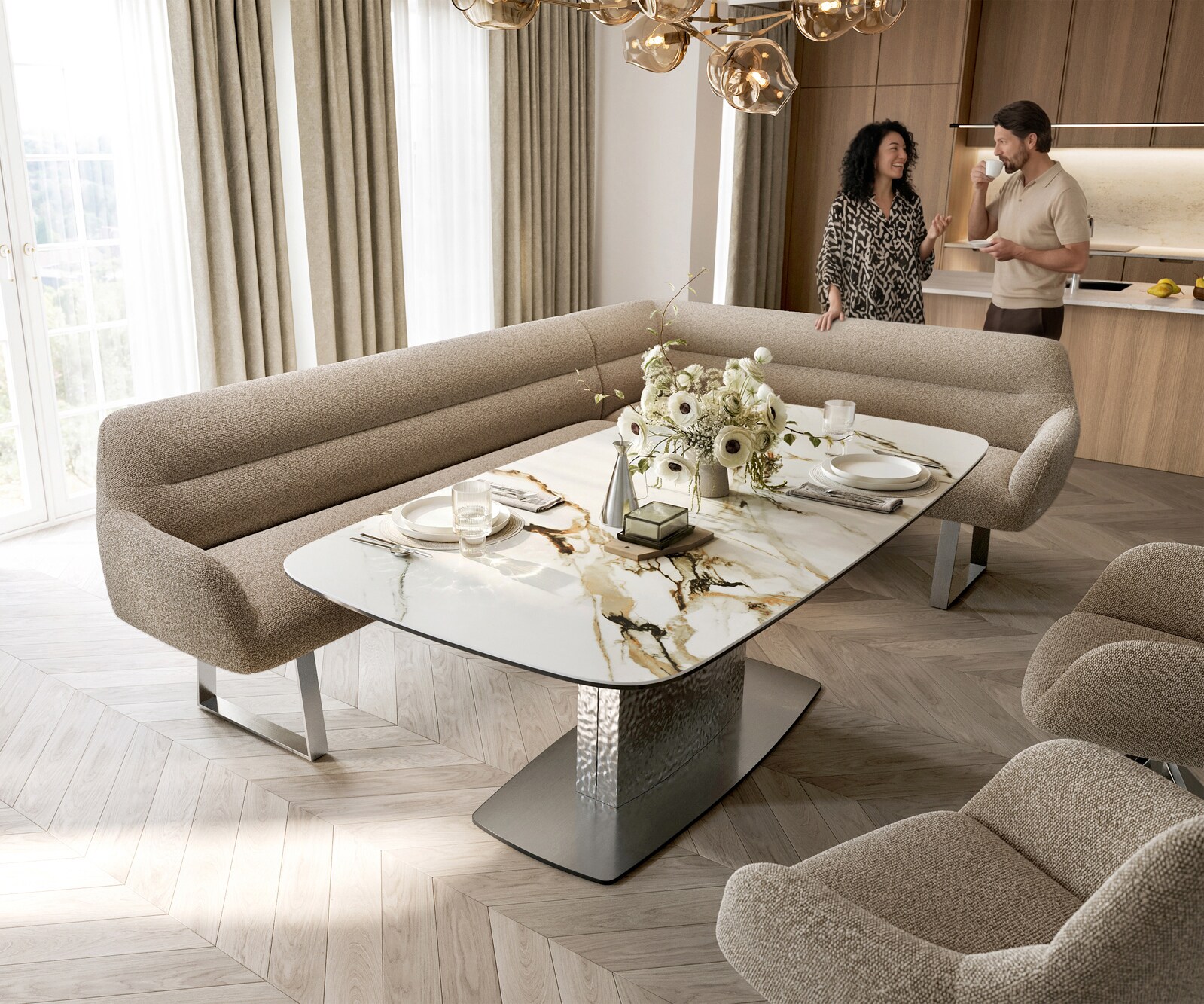 Esszimmerbank Taya-Flex 285x190 cm Bouclé Schlamm Kufengestell kantig Edelstahl Taschenfederkern Links