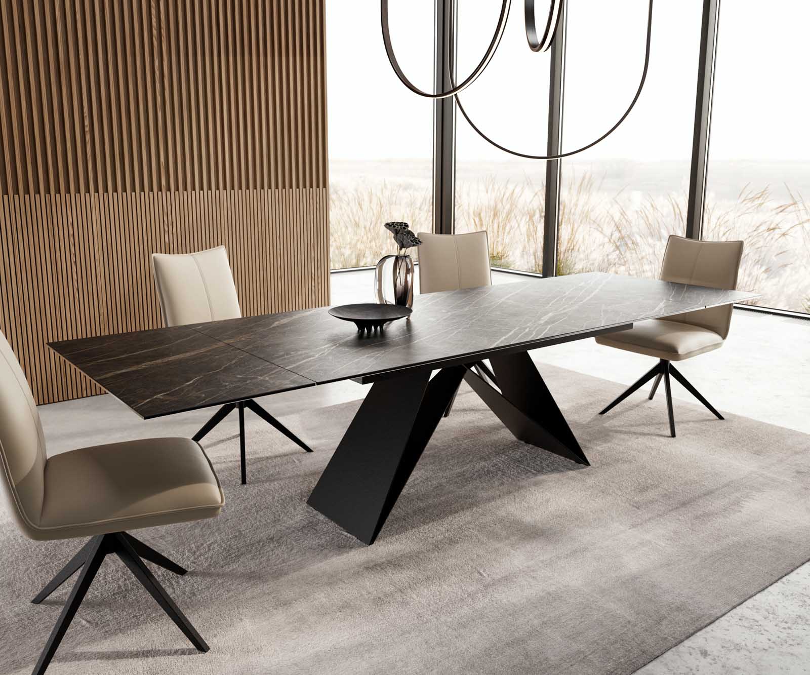 Esstisch Edge 200-300x100 Keramik Laminam®Noir Desir Braun V-Gestell Flachstahl Schwarz ausziehbar 6