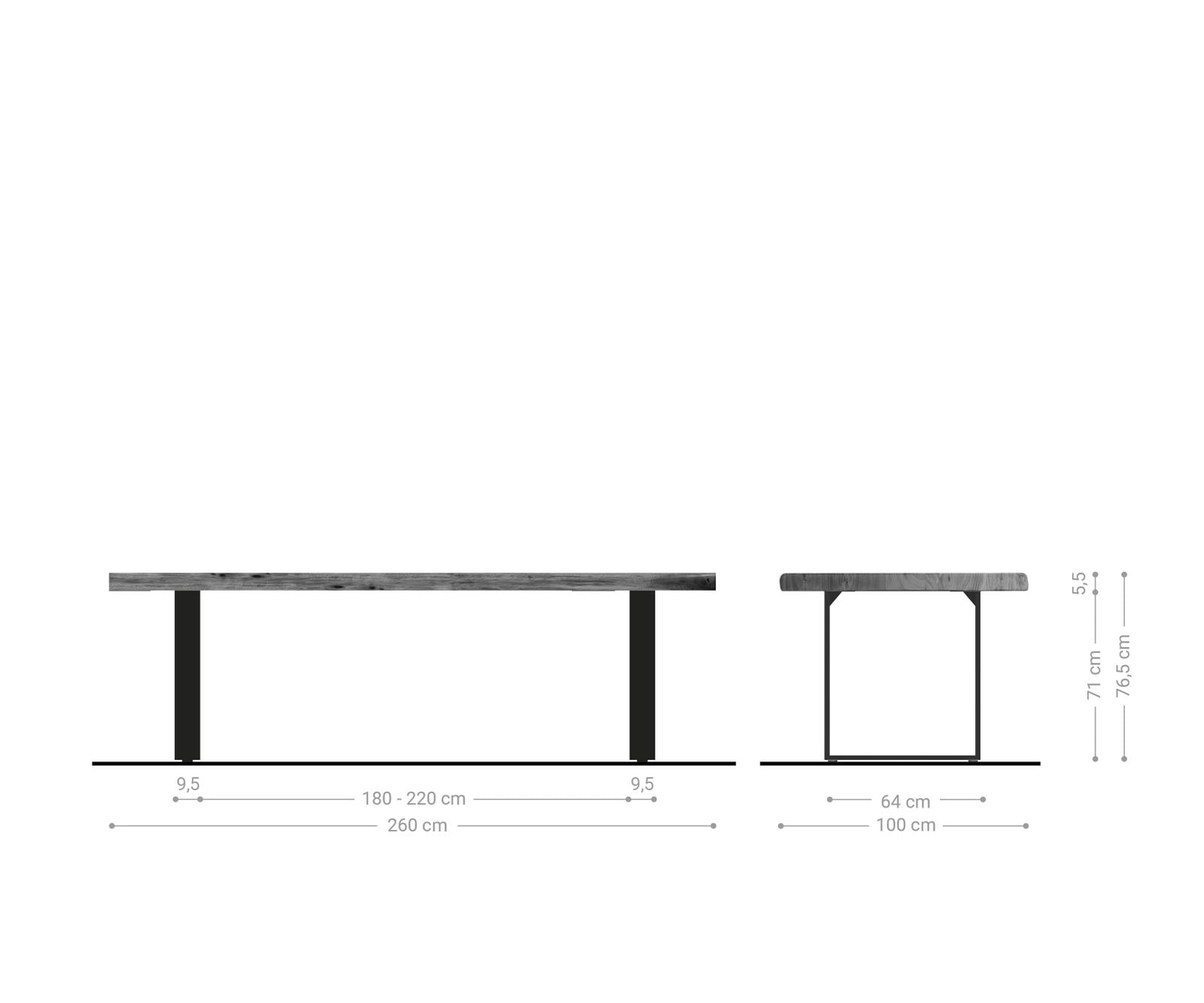 Esstisch Edge 260x100 XL Akazie Platin Edelstahl Schmal Live-Edge 5