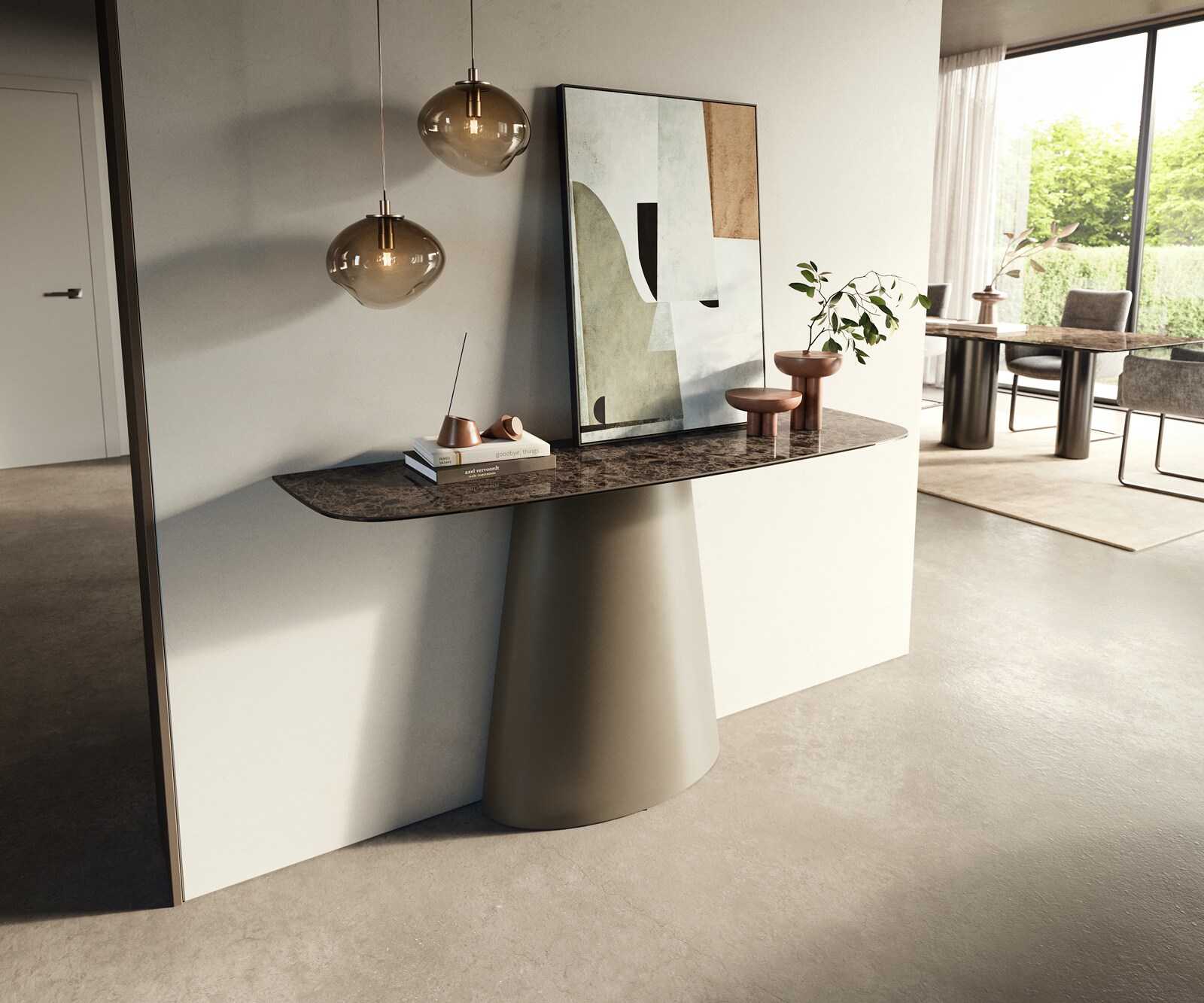 Konsolentisch Edge Boot 140x40 cm Keramik Emperador Extra Lucidato Dunkelbraun Conos Metall Effektfinish Titan 3