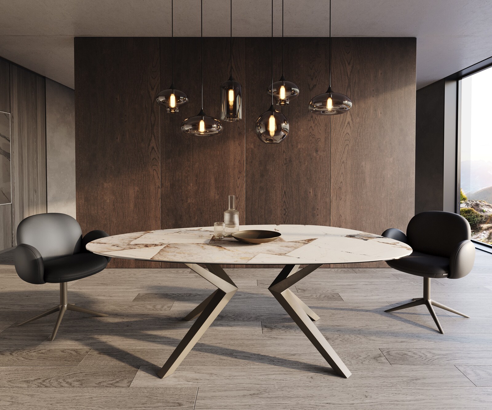 Esstisch Edge Oval 220x120 Keramik Iris FMG Patagonia Lappato Zenthara kantig Metall Effektfinish Titan 1