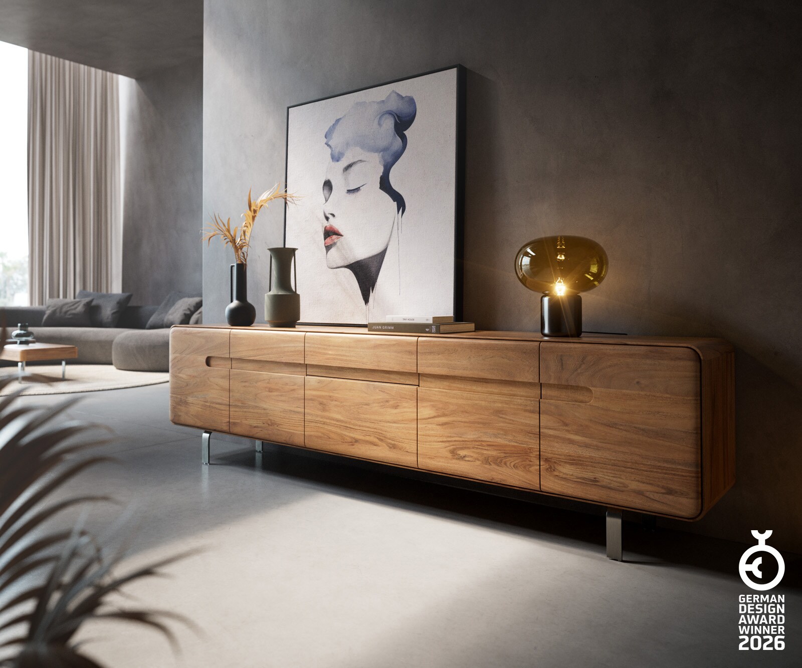 Lowboard Anaya 220 cm Akazie Natur 4 Türen 2 Schubladen L-Fuß Edelstahl