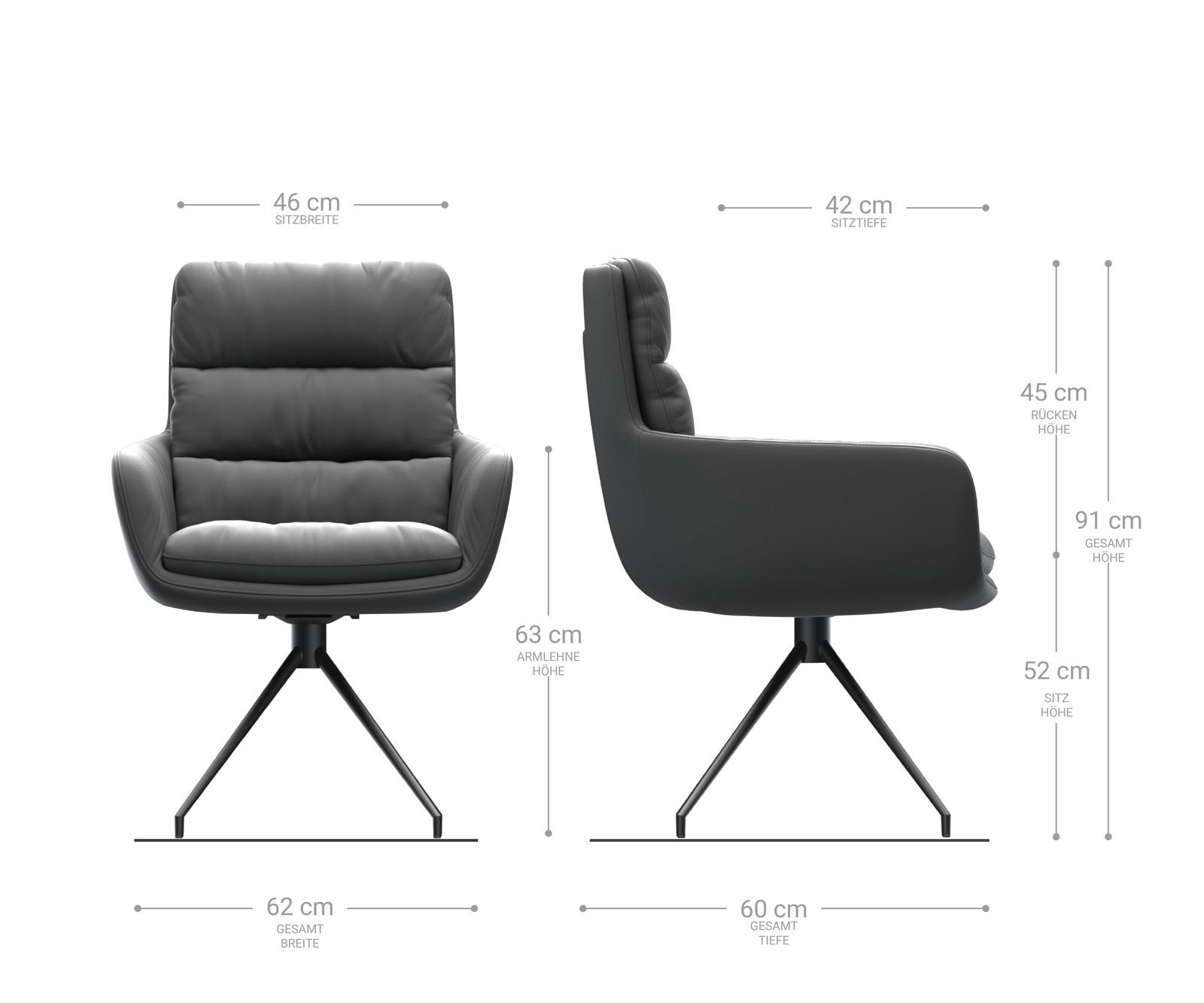 Esszimmerstuhl Abelia-Flex mit Armlehnen Echt-Leder Schwarz Kreuzgestell konisch Schwarz 6