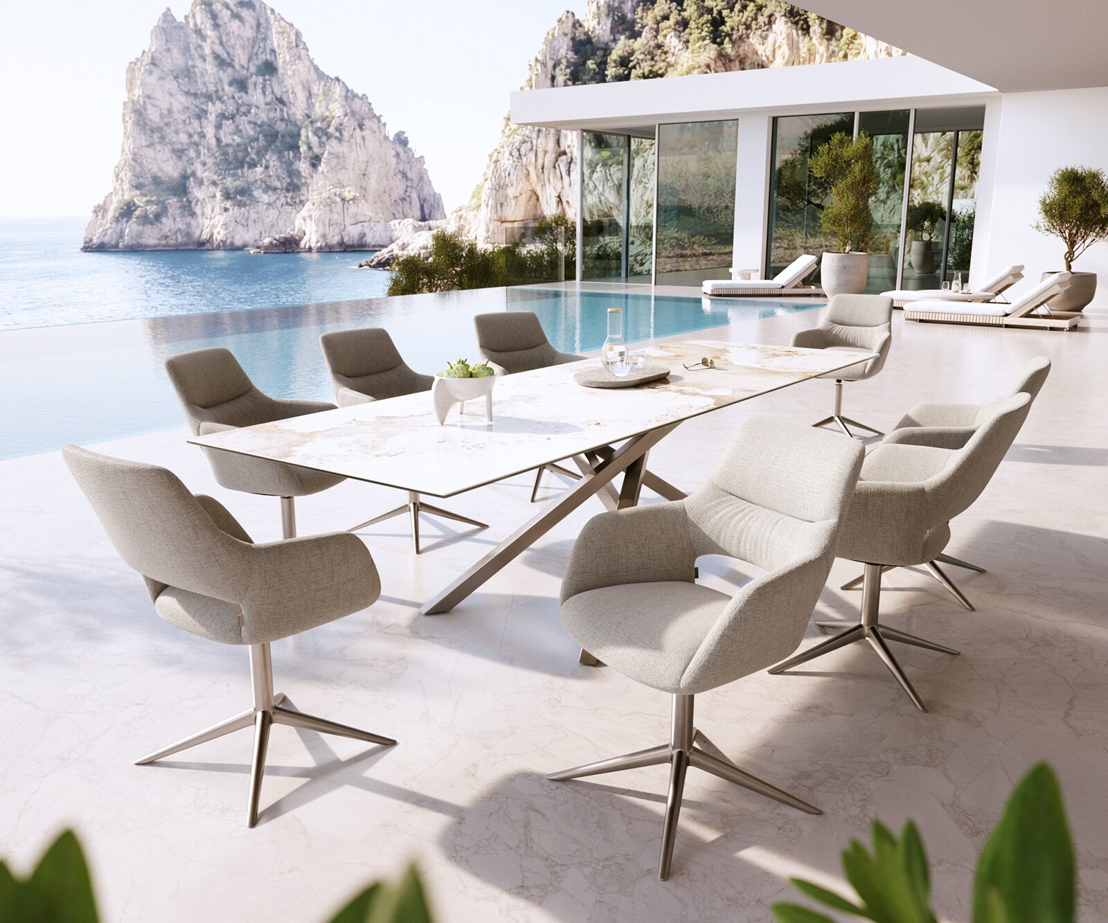 Outdoorstuhl Yago-Flex mit Armlehnen Strukturstoff Grau-Weiß Fußkreuz Edelstahl 360° drehbar Wippfunktion 3