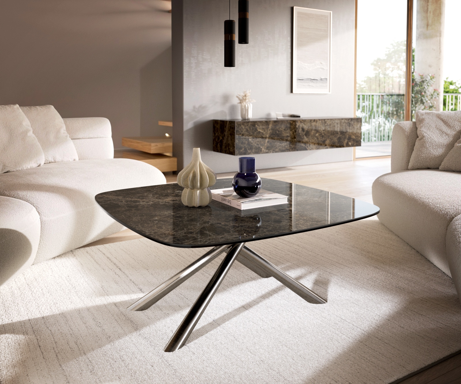 Couchtisch Edge Boot 90x90 cm Keramik Emperador Extra Lucidato Dunkelbraun Sarity Edelstahl gebürstet