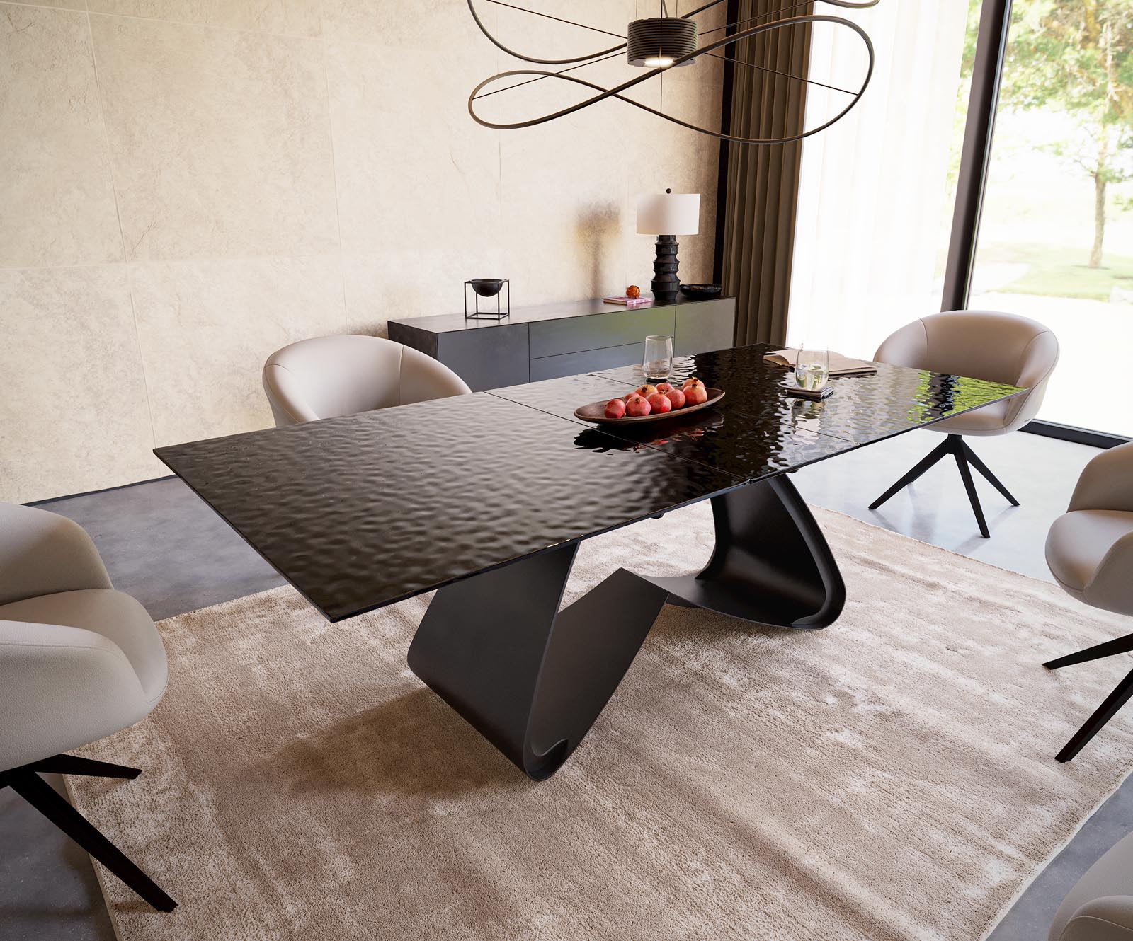 Esstisch Edge 180-220x100 Reliefglas Rauchschwarz 3D-Design W-Gestell Schwarz ausziehbar Esstisch Edge 180-220x100 Reliefglas Rauchschwarz 3D-Design W-Gestell Schwarz ausziehbar