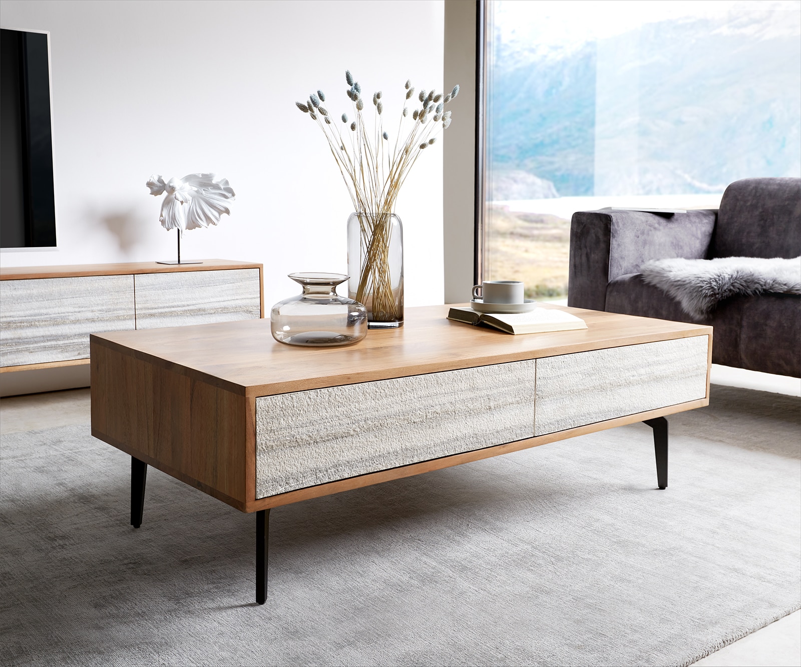 Couchtisch Kleo 115x60 cm Akazie Natur 4 Schübe Winkelfuß Metall Schwarz