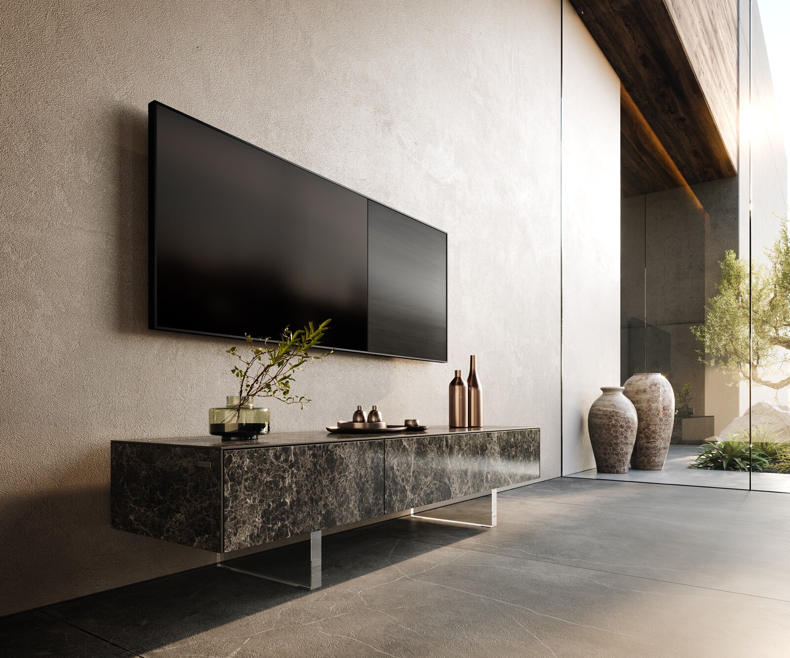Lowboard Cuor 150 cm Keramik Laminam® Emperador Extra Lucidato Dunkelbraun 1 Klappe 1 Schubfach Fuß Schwebeoptik Acrylglas