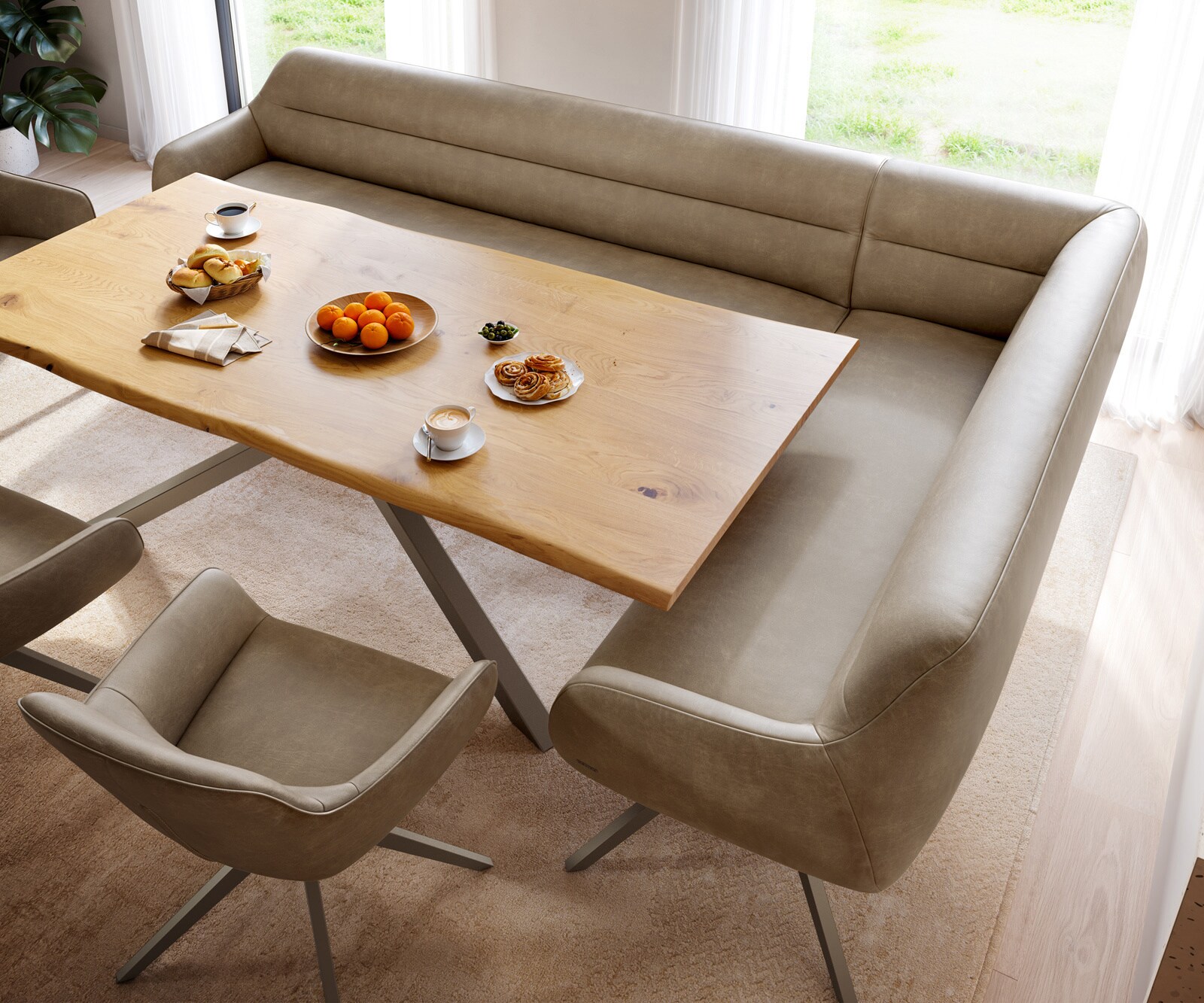 Esszimmerbank Taya-Flex 285x190 cm Mikrofaser Beige Vintage Kreuzgestell kantig Effektfinish Titan Taschenfederkern Links 4