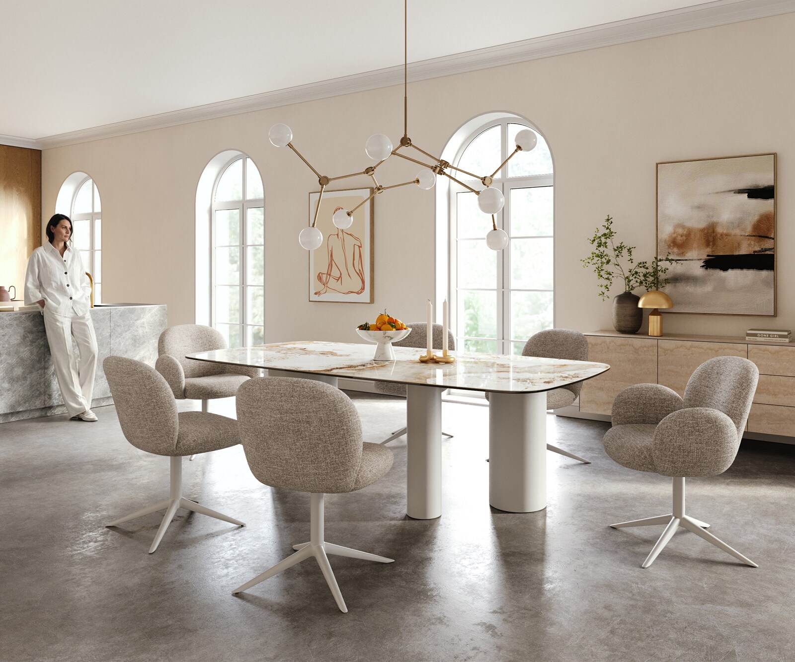 Esstisch Edge Boot 240x120 cm Keramik Minas Melange Weiß-Beige Troa Metall Weiß 5