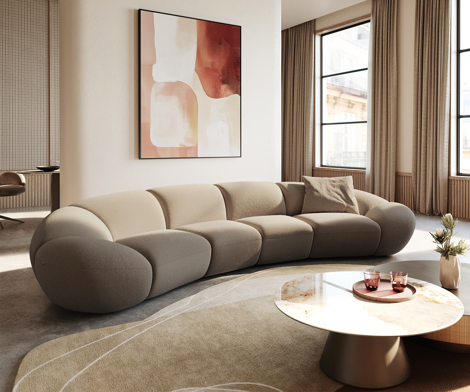 Big-Sofa Lunna 360x175 cm Fein Bouclé Taupe 2 Kissen