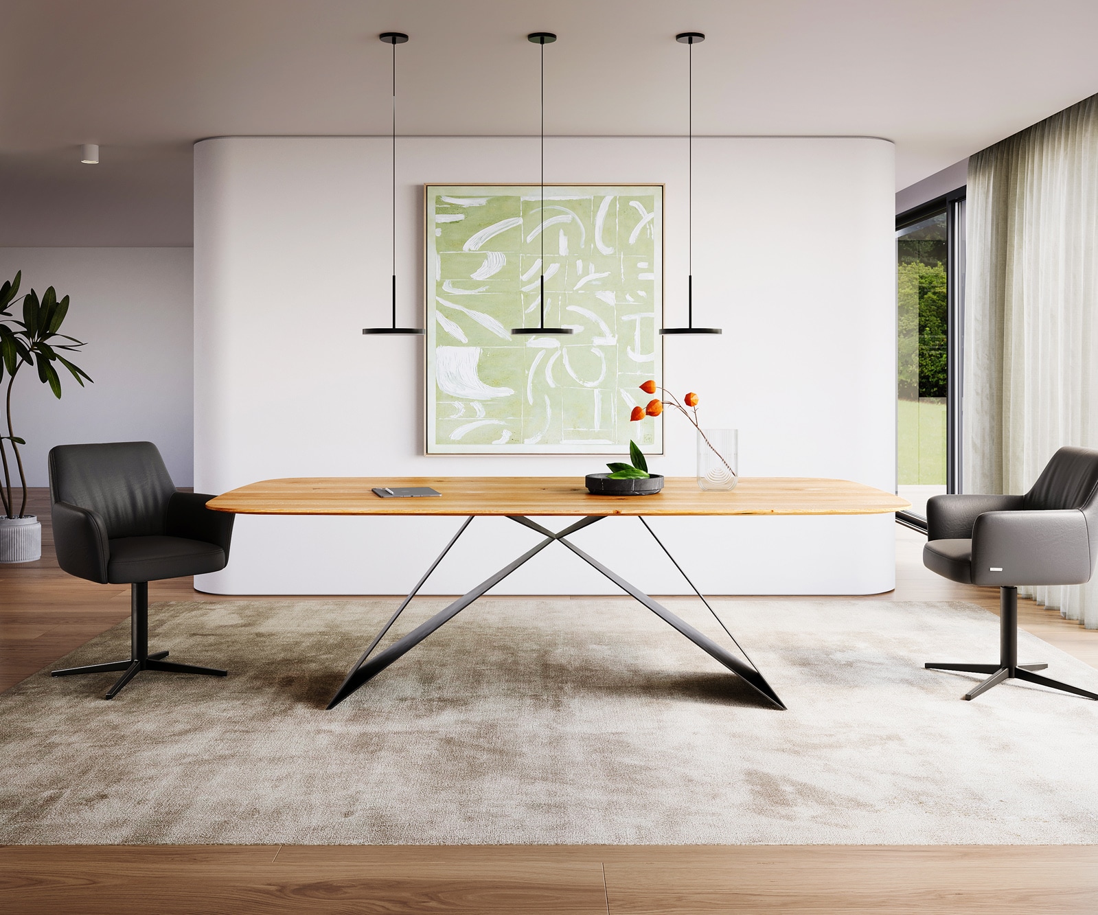 Esstisch Edge Boot 240x120x2,5-3 Eiche Natur V-Gestell Flachstahl Schwarz Schweizer Kante Esstisch Edge Boot 240x120x2,5-3 Eiche Natur V-Gestell Flachstahl Schwarz Schweizer Kante