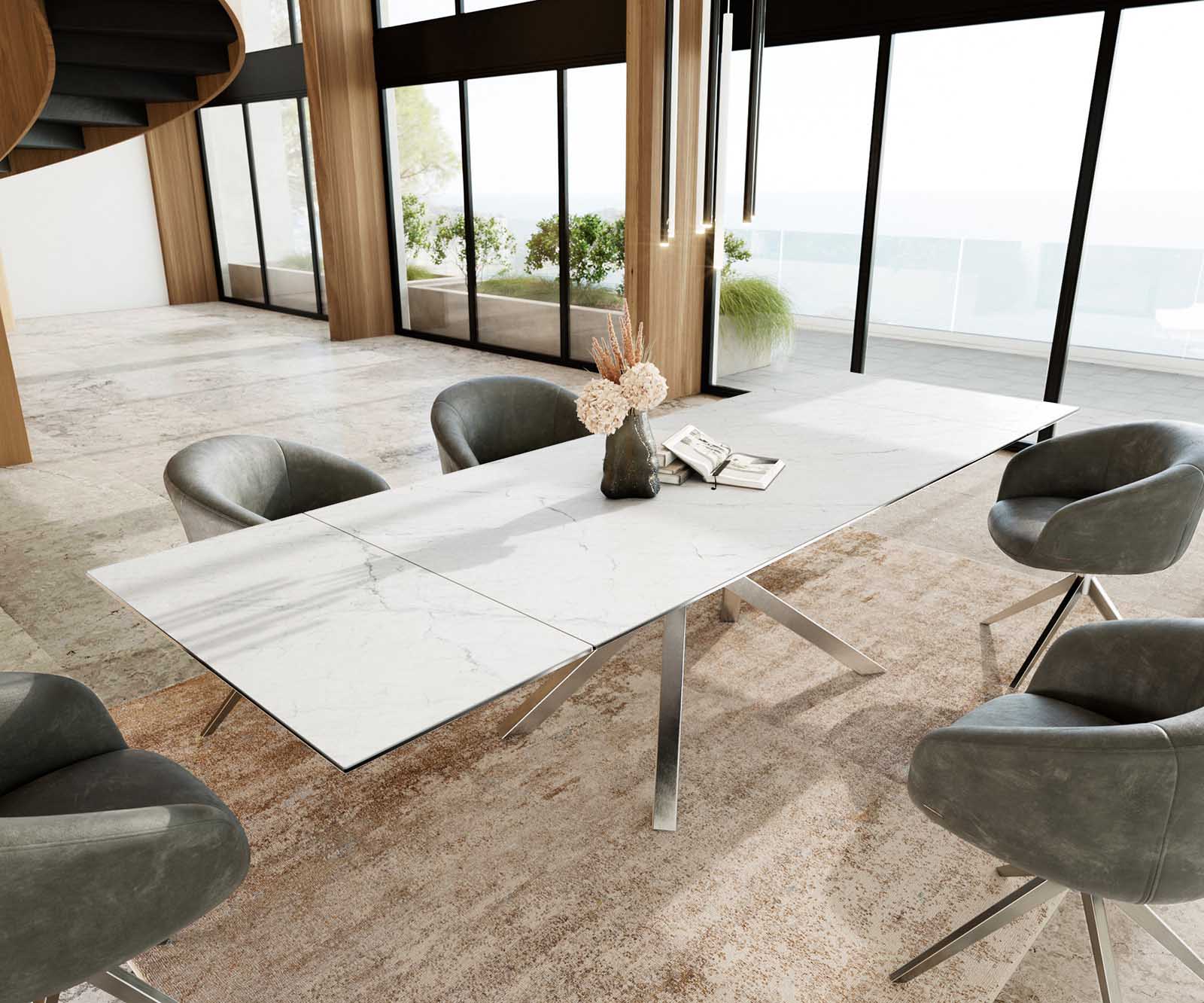 Esstisch Edge 200-300x100 Keramik Laminam®Statuarietto Weiß Kreuzgestell Rechteck Edelstahl ausziehbar 1