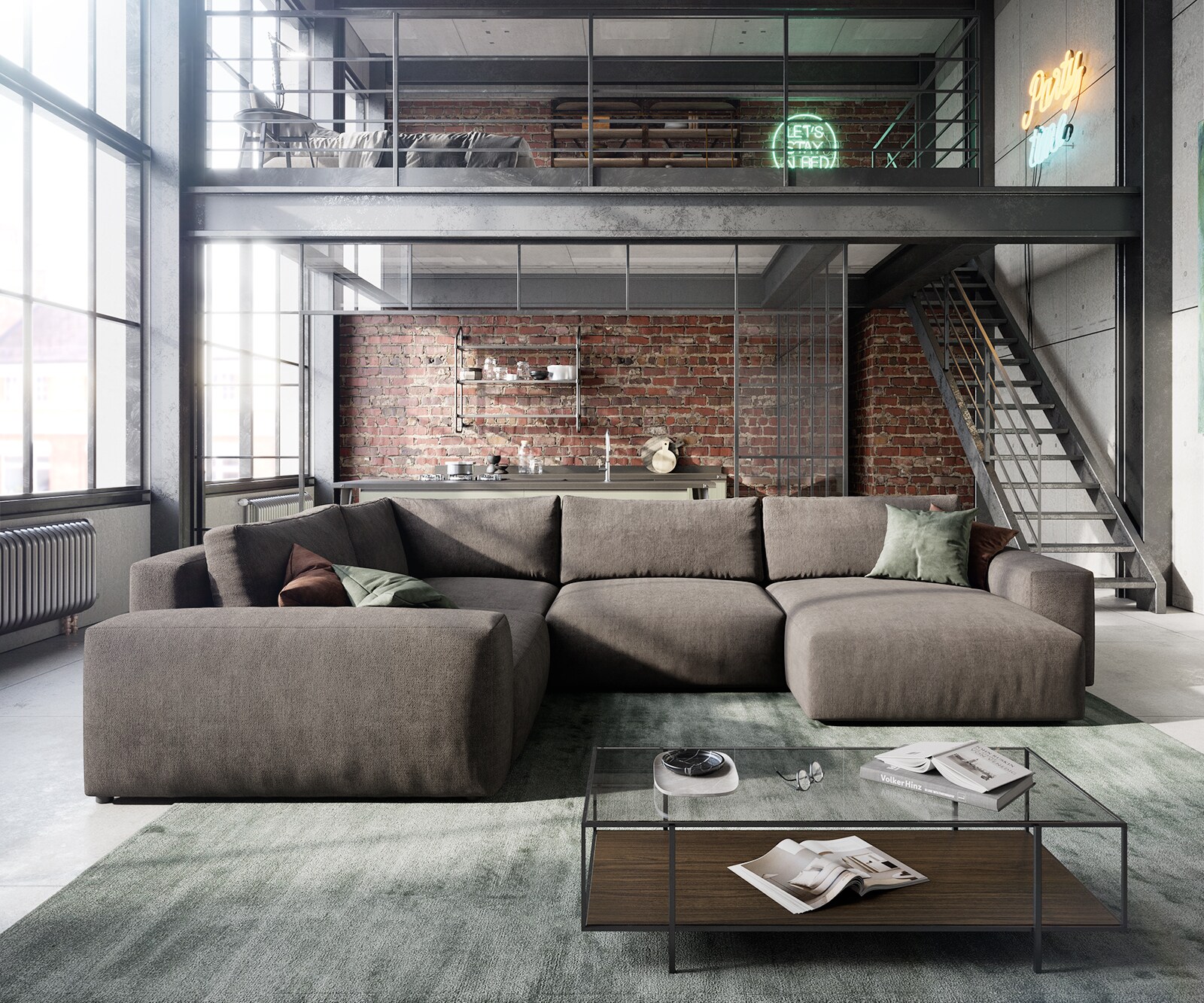 Wohnlandschaft Lanzo XL 360x260 cm Mikrofaser Khakibraun Recamiere variabel 2