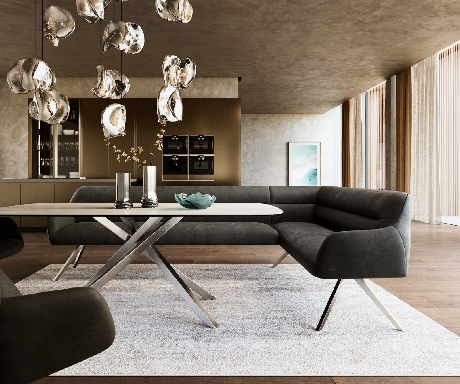 Esszimmerbank Taya-Flex 285x190 cm Mikrofaser Anthrazit Vintage Kreuzgestell kantig Edelstahl Taschenfederkern Links 2