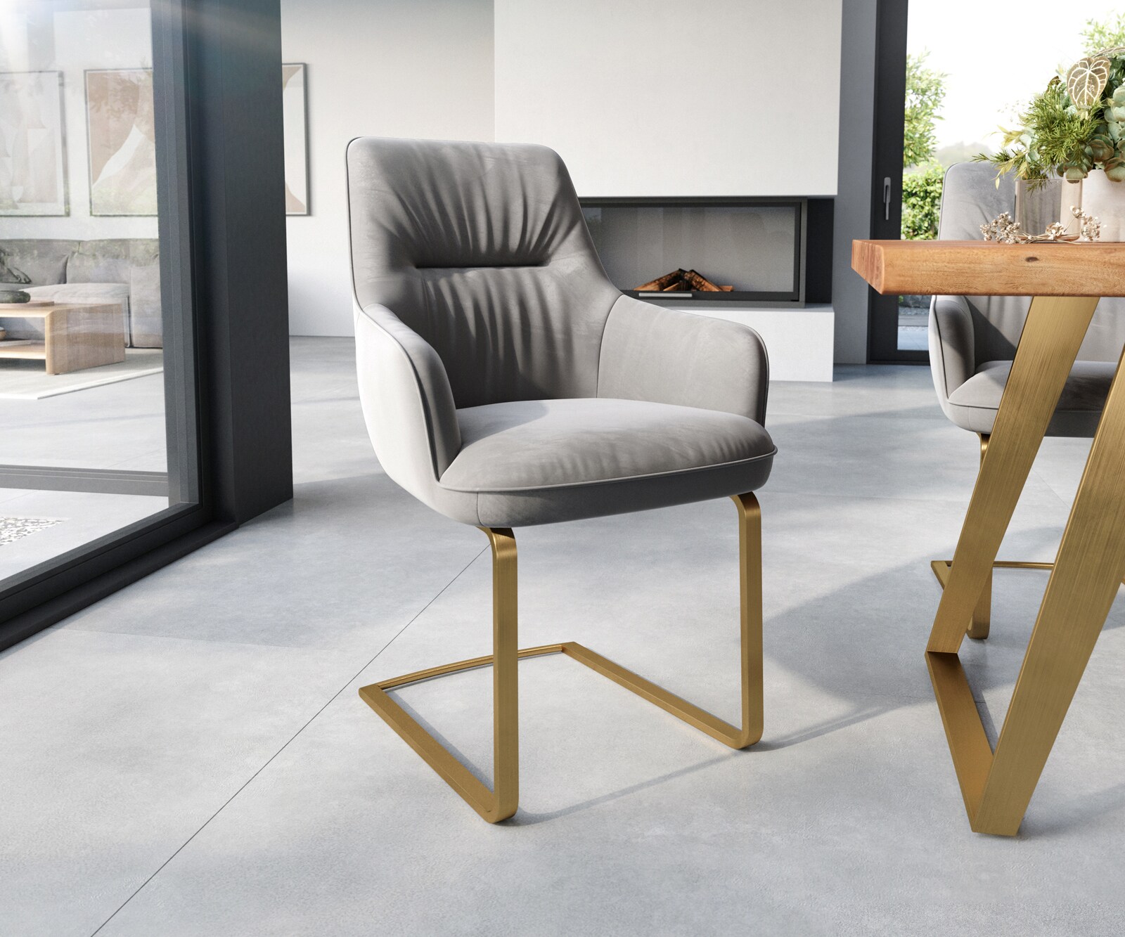 Freischwinger Zelia-Flex mit Armlehnen Samt Grau Freischwinger flach Gold T günstig online kaufen