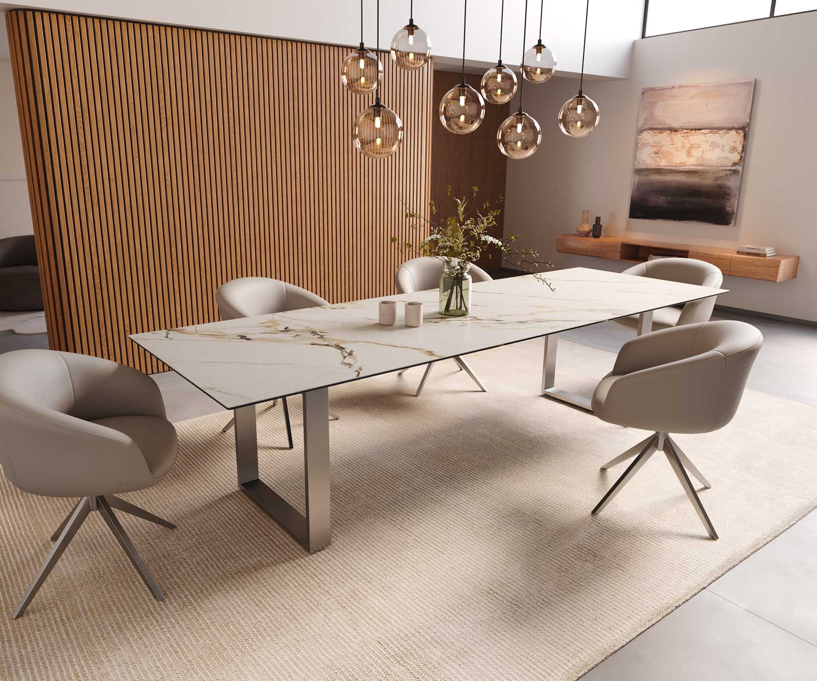 Esstisch Edge 300x100 Keramik Calacatta Luxe Weiß-Gold-Grau Edelstahl Schmal 8