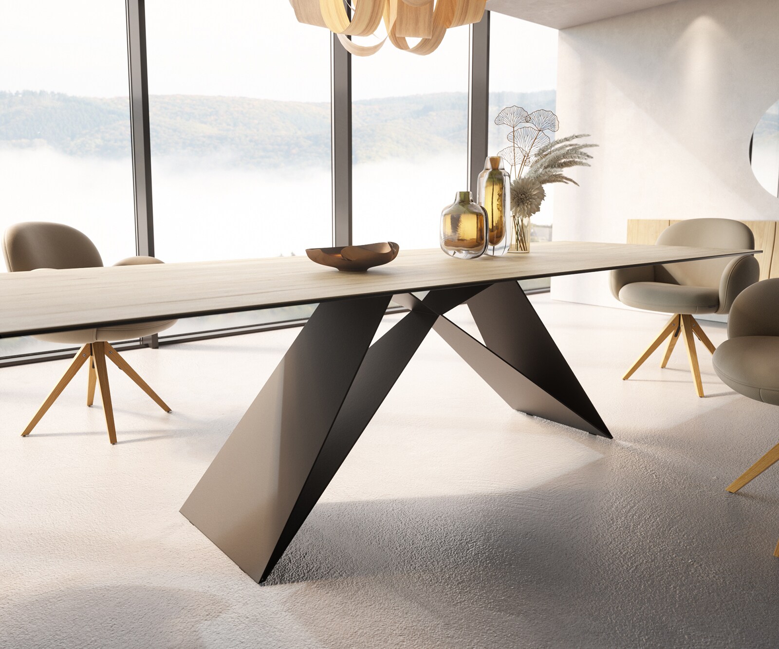 Esstisch Edge 300x100 Keramik Laminam® Sabbia Eichefarbig V-Gestell Flachstahl Schwarz 5