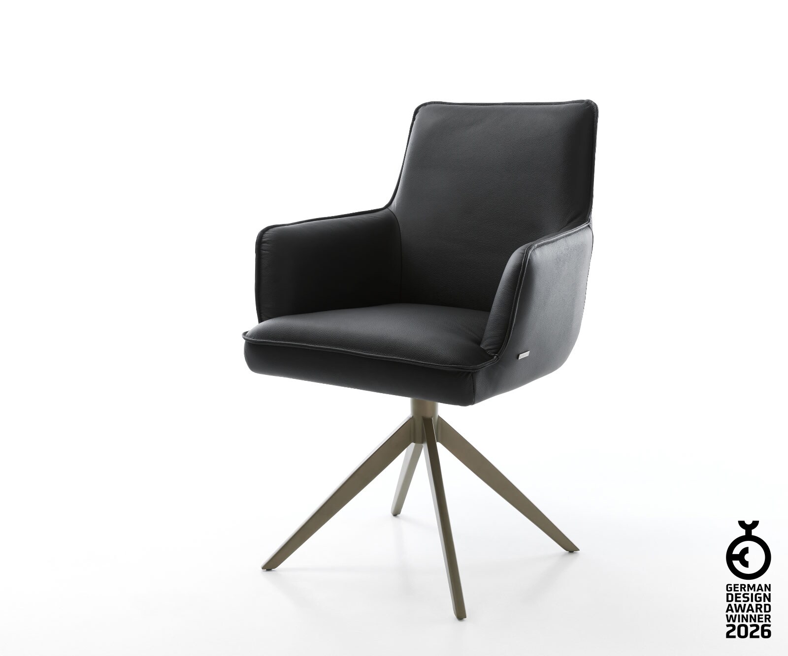 Drehstuhl Heira-Flex mit Armlehnen Echt-Leder Schwarz Kreuzgestell breit Effektfinish Titan 360° drehbar Taschenfederkern