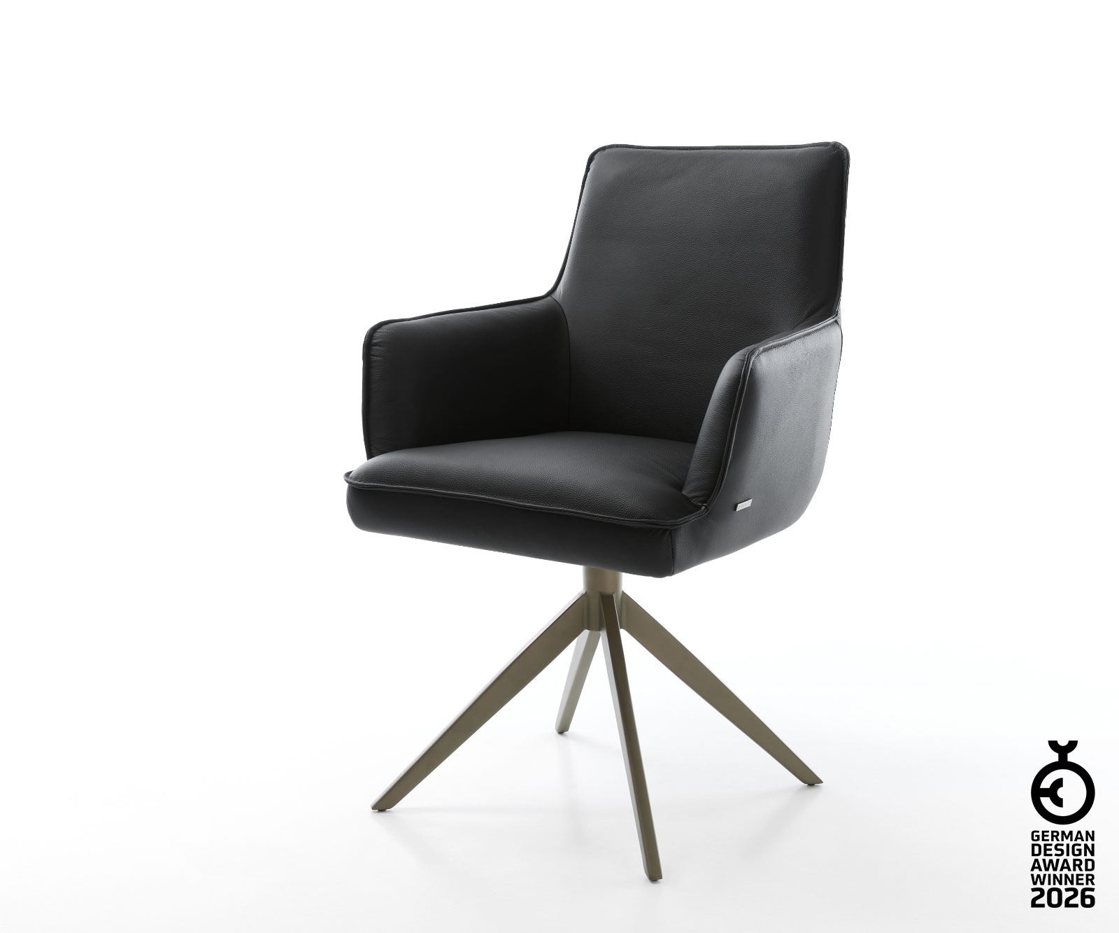 Drehstuhl Heira-Flex mit Armlehnen Echt-Leder Schwarz Kreuzgestell breit Effektfinish Titan 360° drehbar Taschenfederkern