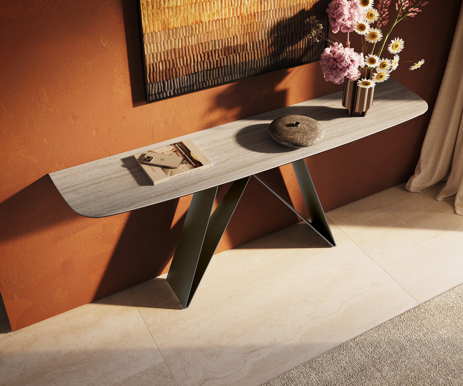Konsolentisch Edge Boot 180x40 cm Keramik Laminam® Travertino Bianco Creme-Weiß Velio Metall Effektfinish Titan 3
