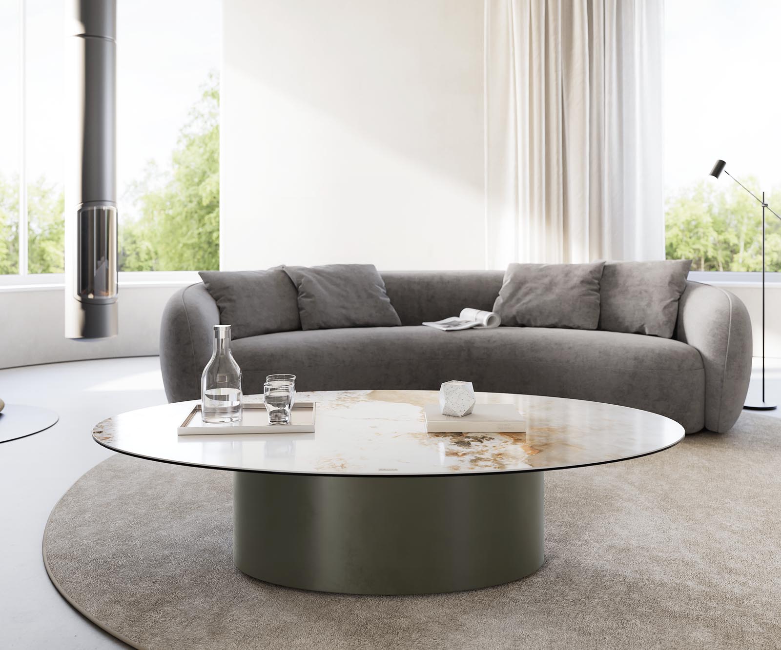 Couchtisch Casilda 150x90 cm Keramik Minas Melange Weiß-Beige Mittelfuß Effektfinish Titan 1