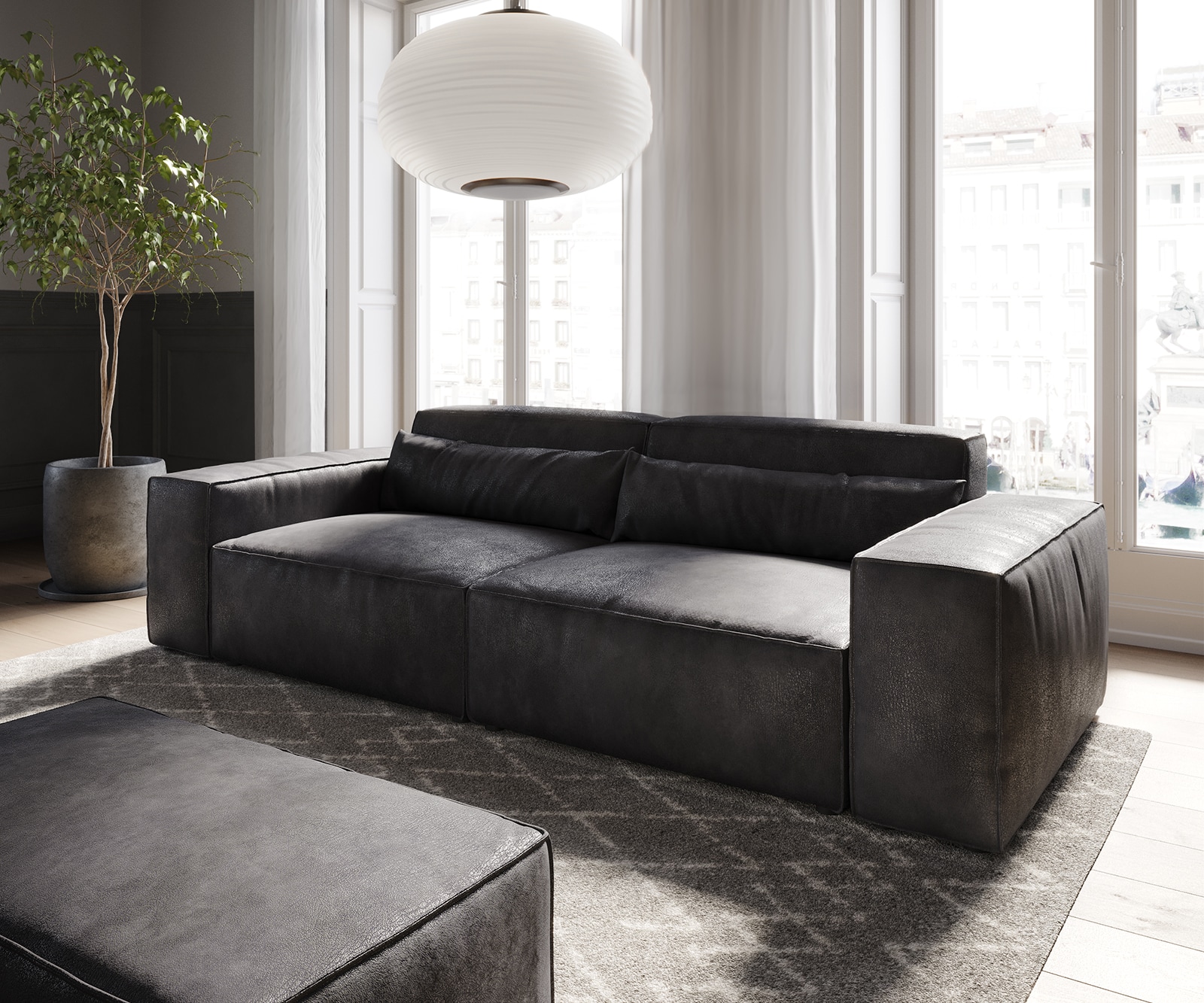 Big-Sofa Sirpio 230x95 cm Lederimitat Vintage Anthrazit  mit Hocker Big-Sofa Sirpio 230x95 cm Lederimitat Vintage Anthrazit  mit Hocker