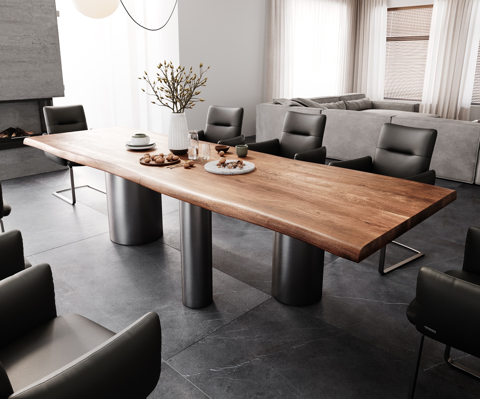 Esstisch Edge 300x100 XL Akazie Braun Troa Edelstahl Graphit Live-Edge