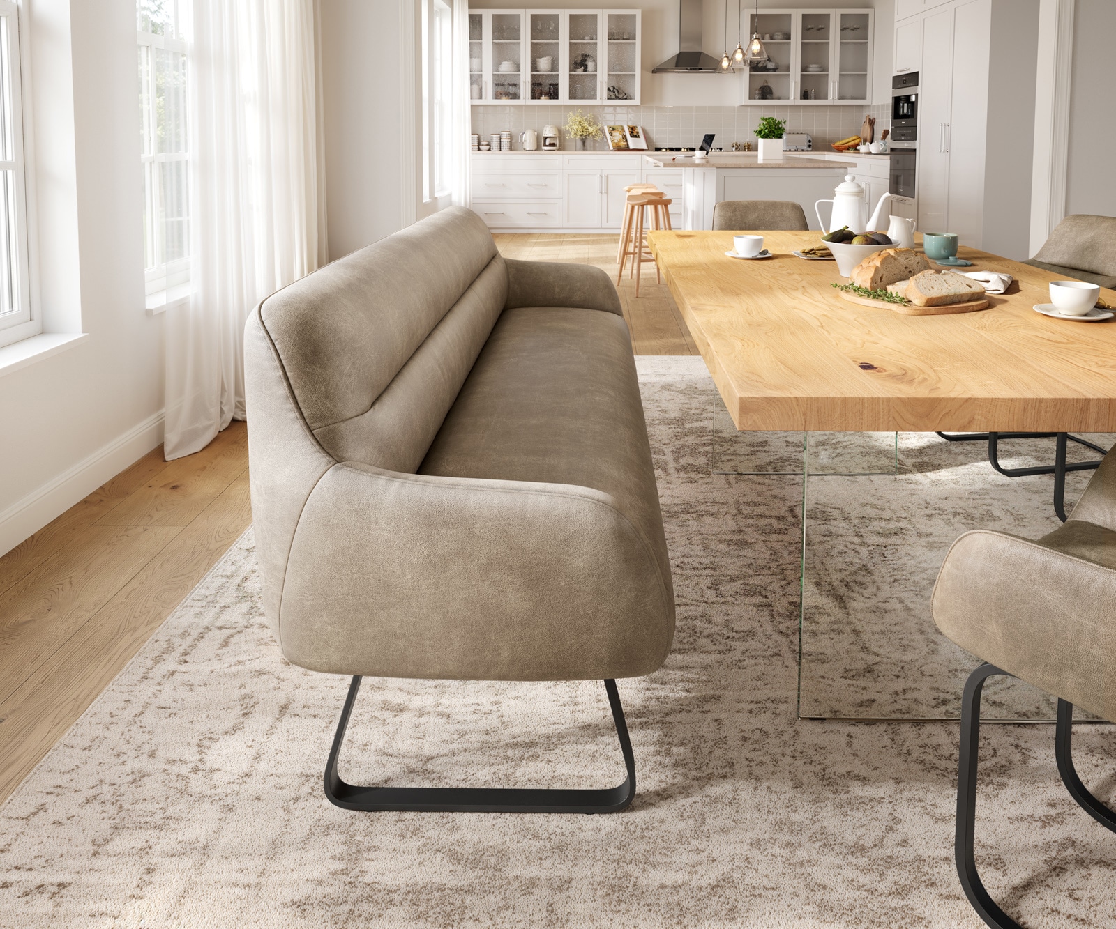 Esszimmerbank Taya-Flex 200 cm Mikrofaser Beige Vintage Kufengestell flach Schwarz Taschenfederkern 1