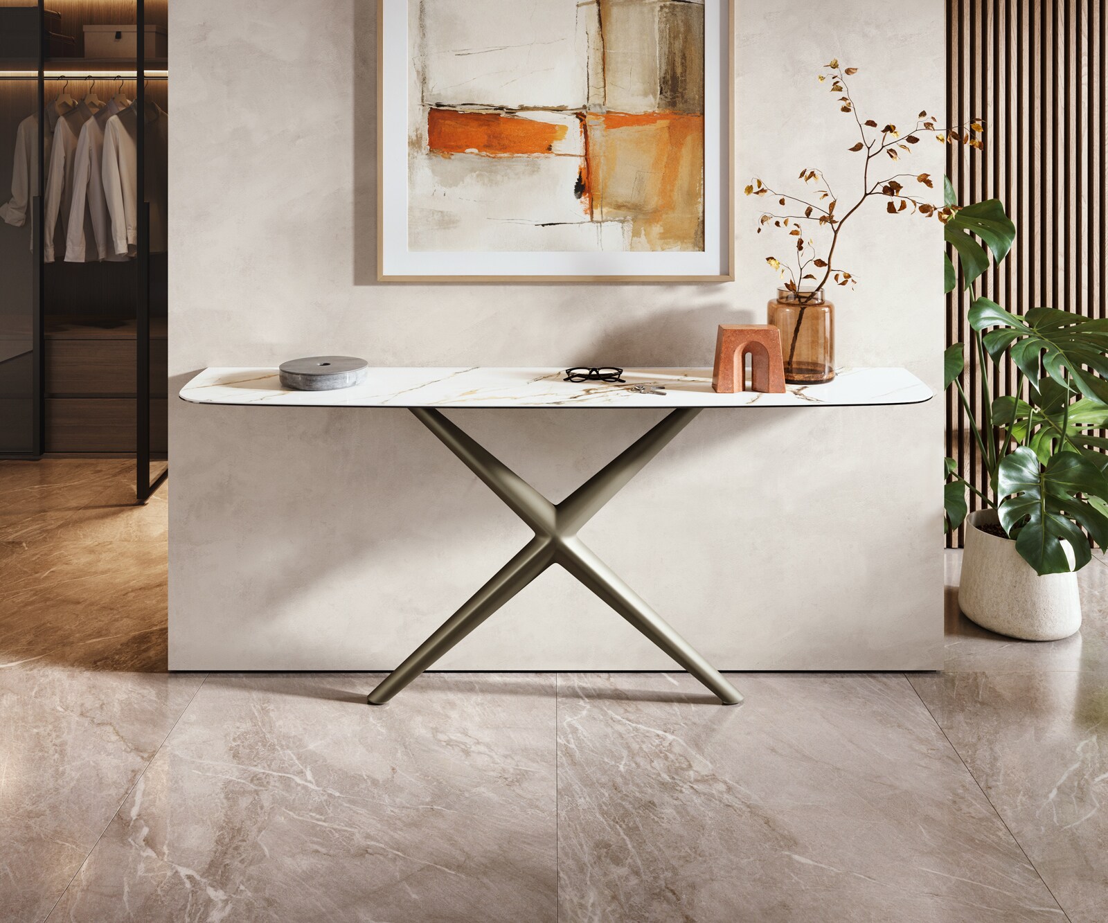 DELIFE Konsolentisch Edge Boot 180x40 cm Keramik Calacatta Luxe Weiß-Gold-Grau Estelo Metall Effektfinish Titan, Konsolentische - B180 x T40 x H79 cm