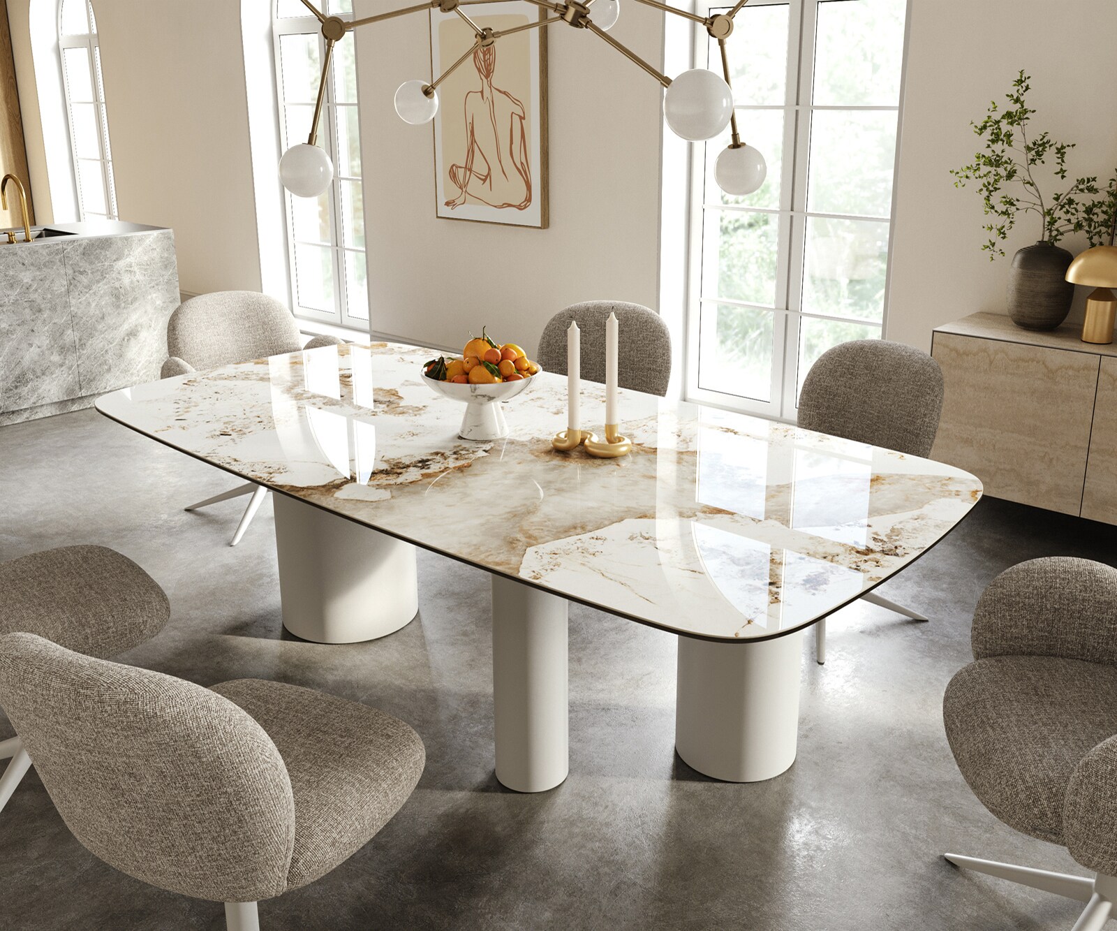 Esstisch Edge Boot 240x120 cm Keramik Minas Melange Weiß-Beige Troa Metall Weiß 1