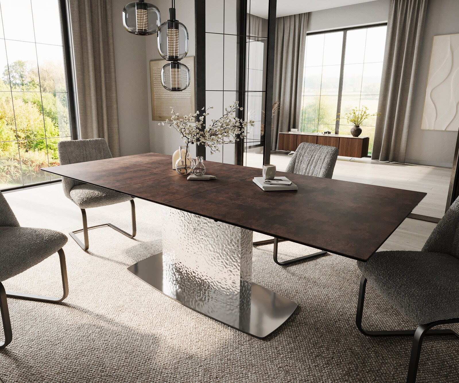 Esstisch Edge 180-220x90 Glas Antique-braun Wave Edelstahl ausziehbar