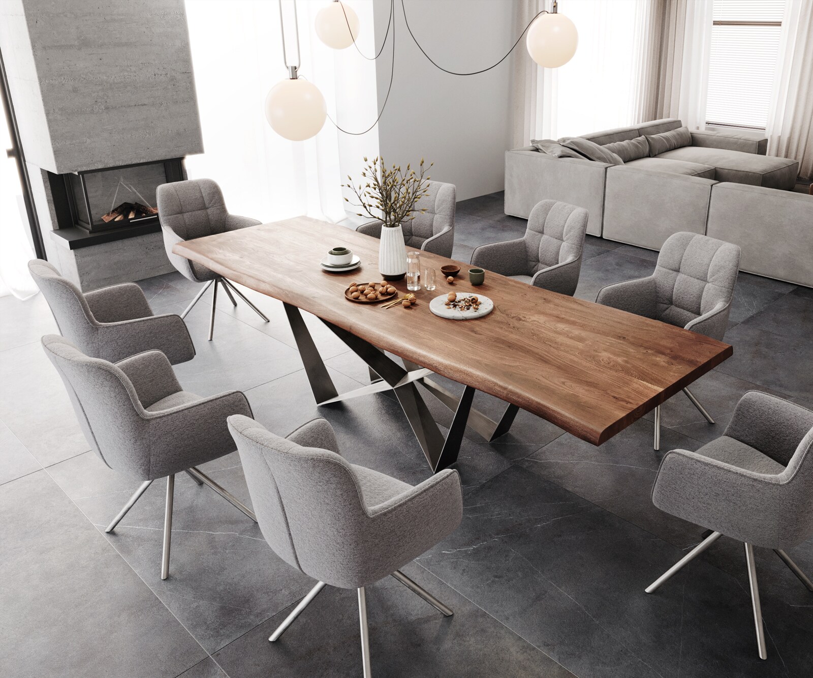 Esstisch Edge 300x100 XL Akazie Braun Spider Flachstahl Edelstahl Live-Edge 5