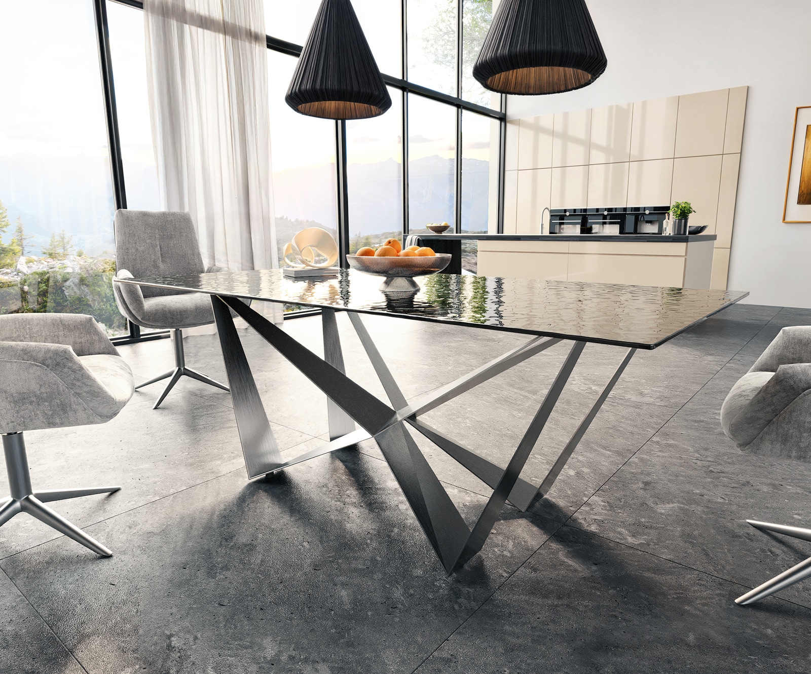 Esstisch Edge 200x100 Reliefglas Rauchschwarz 3D-Design Spider Flachstahl Edelstahl 3 Esstisch Edge 200x100 Reliefglas Rauchschwarz 3D-Design Spider Flachstahl Edelstahl 3