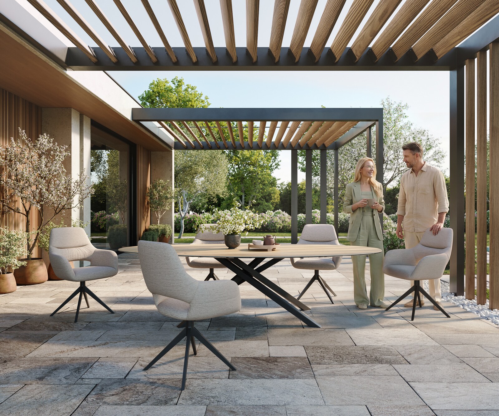 Outdoortisch Edge Oval 280x130 cm Keramik Laminam® Sabbia Eichefarbig Kreuzgestell Rechteck Schwarz 1