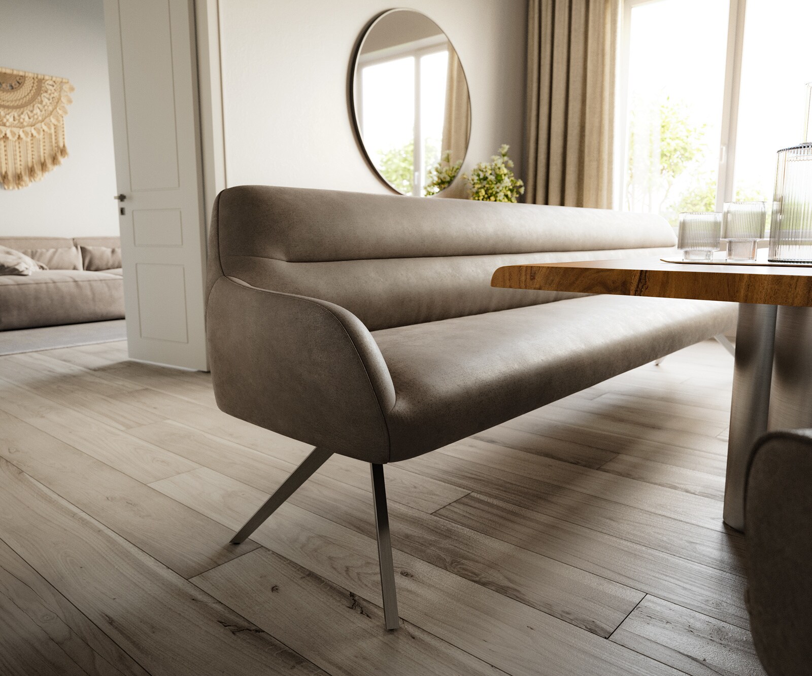 Esszimmerbank Taya-Flex 300 cm Mikrofaser Taupe Vintage Kreuzgestell kantig Graphit Taschenfederkern 4