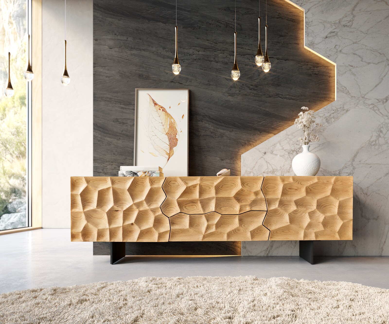 Lowboard Solu 175 cm Eiche Natur 2 Türen 2 Schübe Fuß schwebend Metall Schwarz 3D-Front 1