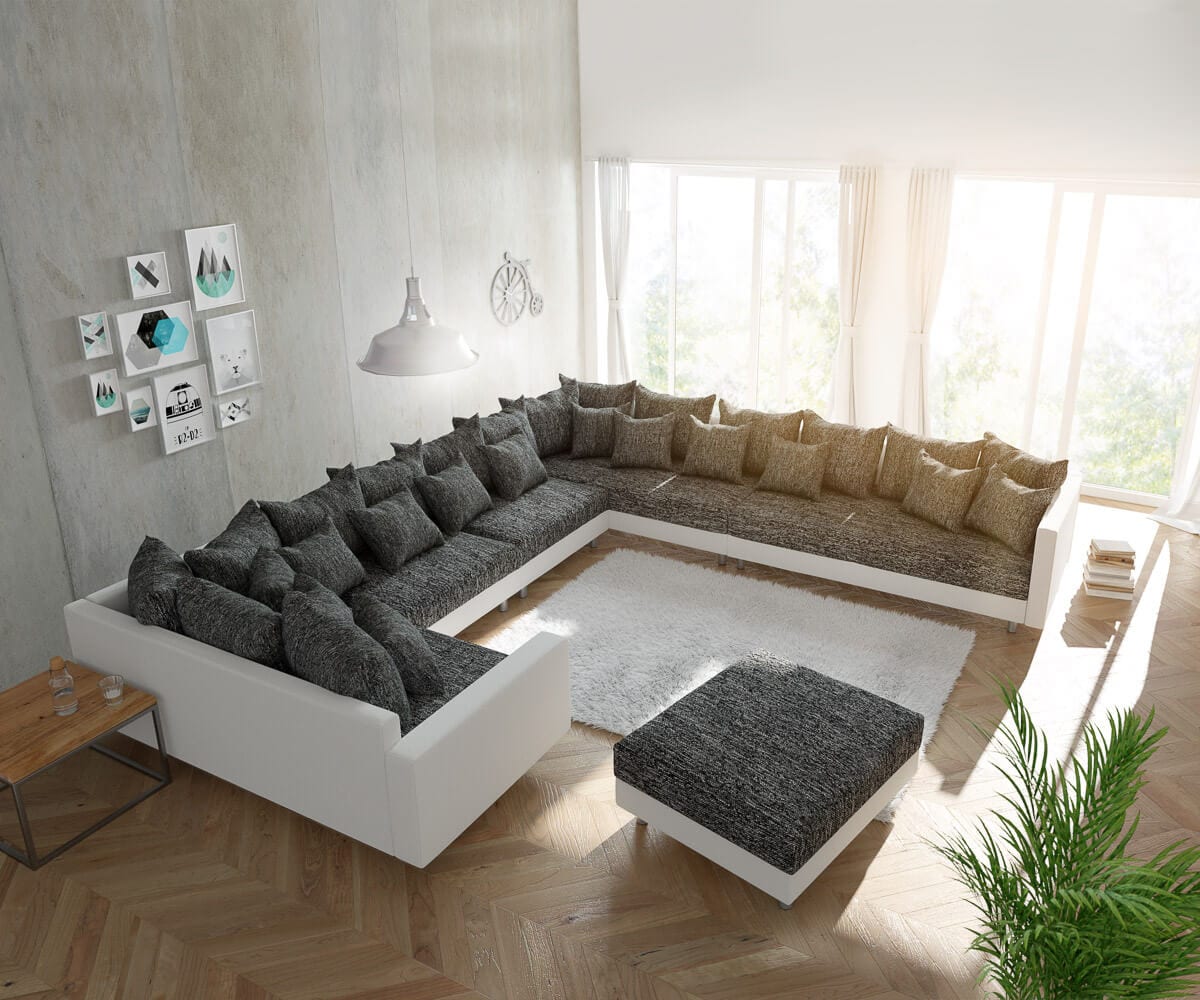 Wohnlandschaft Clovis XXL Weiss Schwarz mit Hocker und Armlehne Ottomane Rechts Wohnlandschaft Clovis XXL Weiss Schwarz mit Hocker und Armlehne Ottomane Rechts