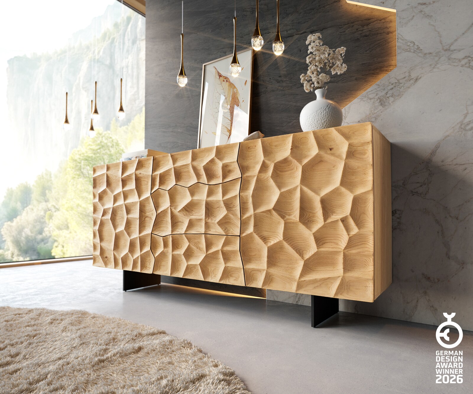 Sideboard Solu 175 cm Eiche Natur 2 Türen 3 Schübe Fuß schwebend Metall Schwarz 3D-Front