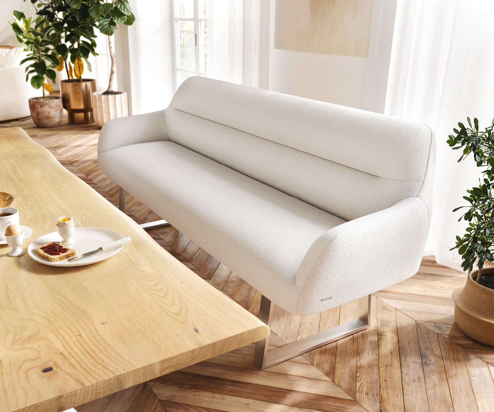 Esszimmerbank Taya-Flex 200 cm Bouclé Creme-Weiß Kufengestell kantig Edelstahl Taschenfederkern 1