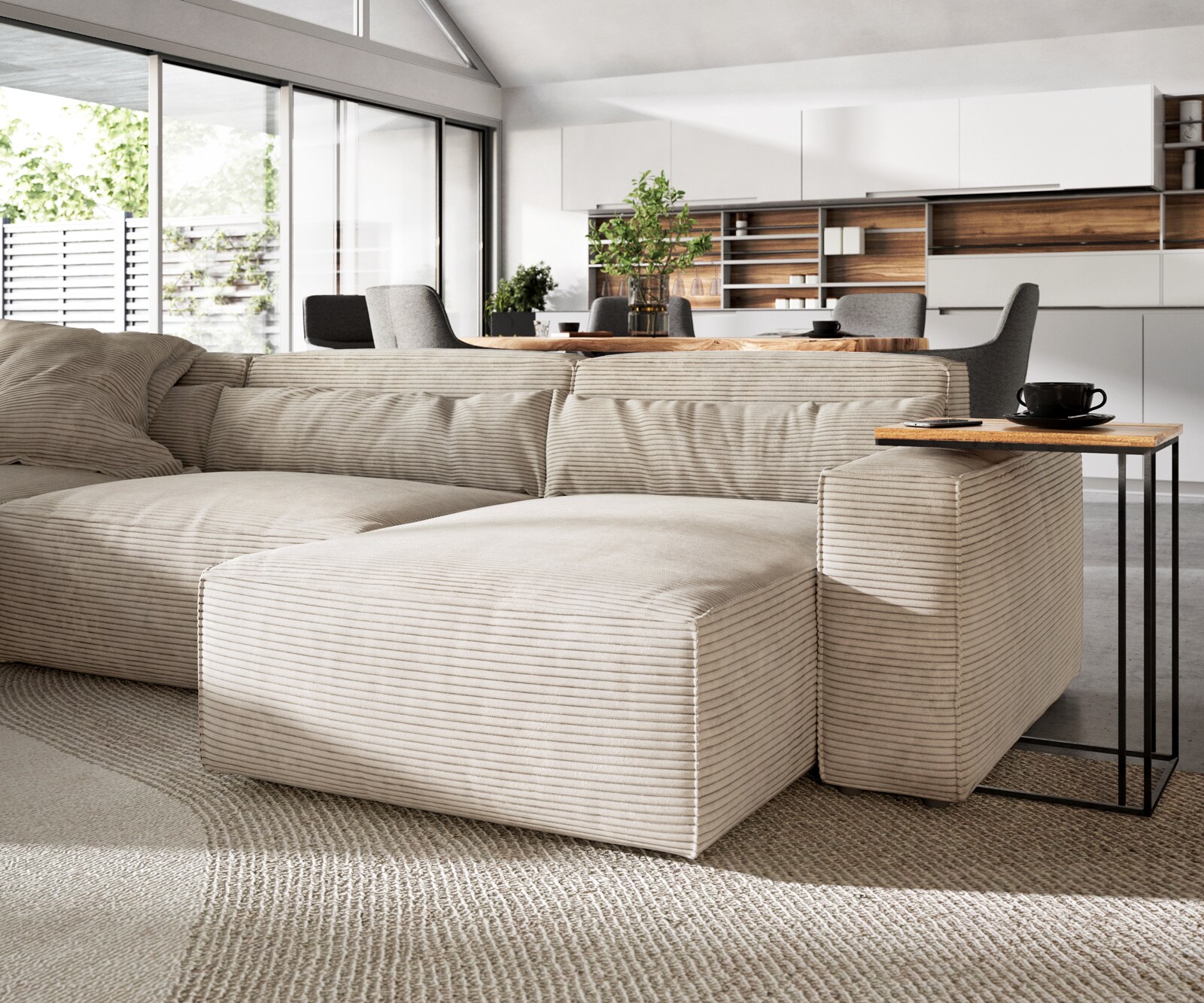 Wohnlandschaft Sirpio 300x210 cm Cord Beige Recamiere variabel mit Hocker 5