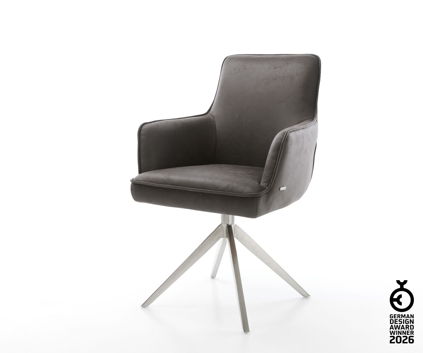 Drehstuhl Heira-Flex mit Armlehnen Mikrofaser Anthrazit Vintage Kreuzgestell breit Edelstahl 360° drehbar Wippfunktion Taschenfederkern