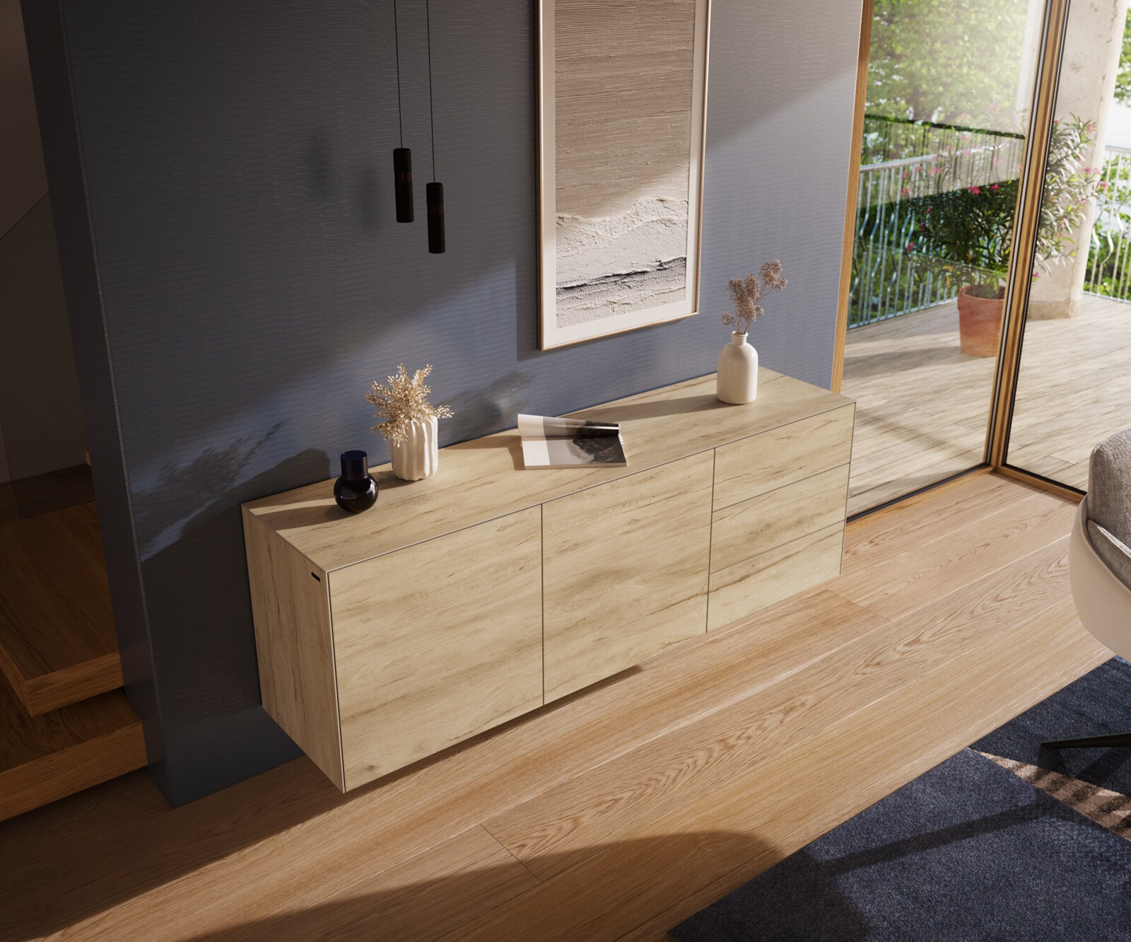 Sideboard Cuor 180 cm Keramik Laminam® Sabbia Eichefarbig 2 Türen 3 Schubfächer Schwebend 4