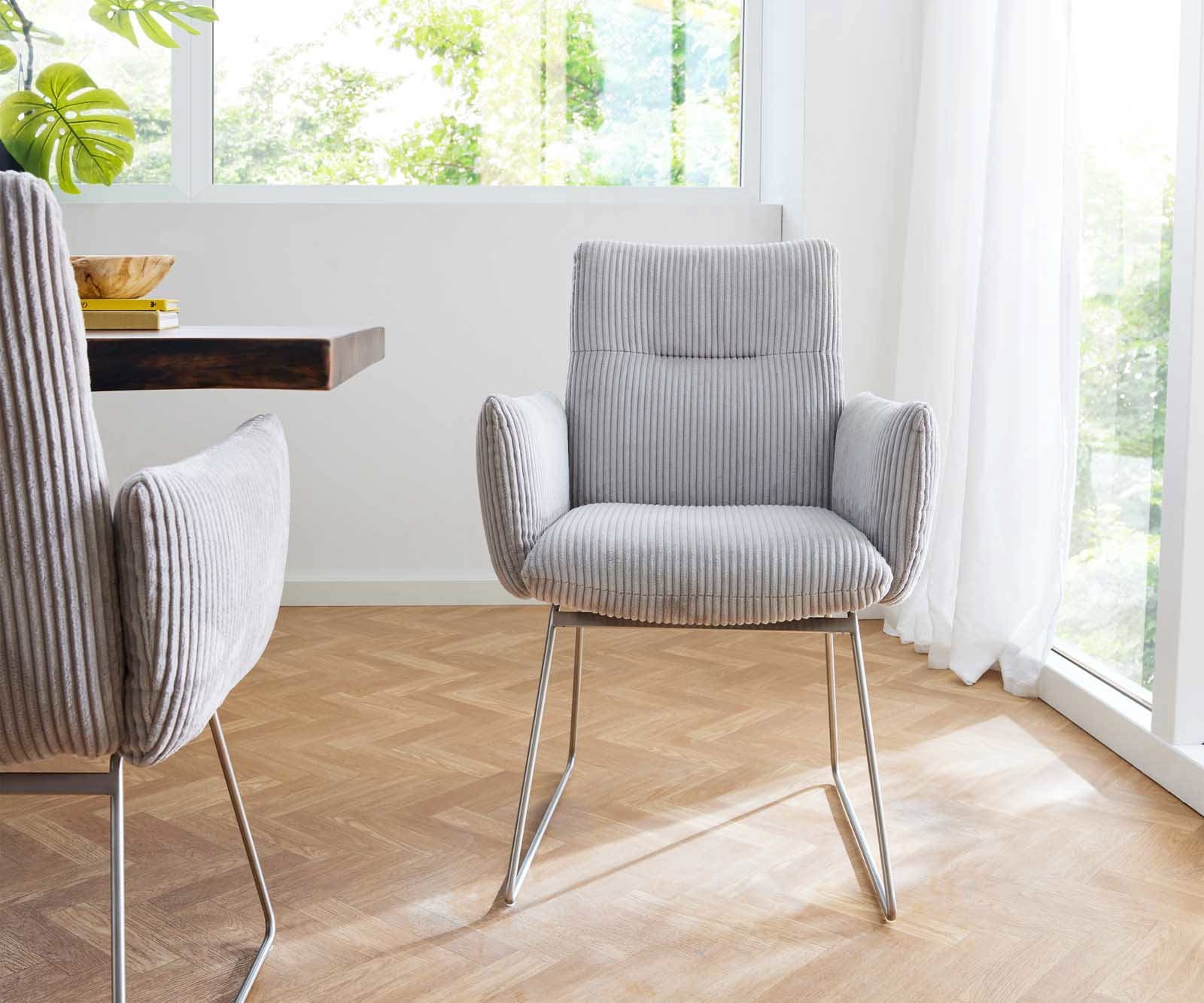 Esszimmerstuhl Jova-Flex mit Armlehnen Cord Silbergrau Kufengestell Edelstahl Taschenfederkern 1 Esszimmerstuhl Jova-Flex mit Armlehnen Cord Silbergrau Kufengestell Edelstahl Taschenfederkern 1