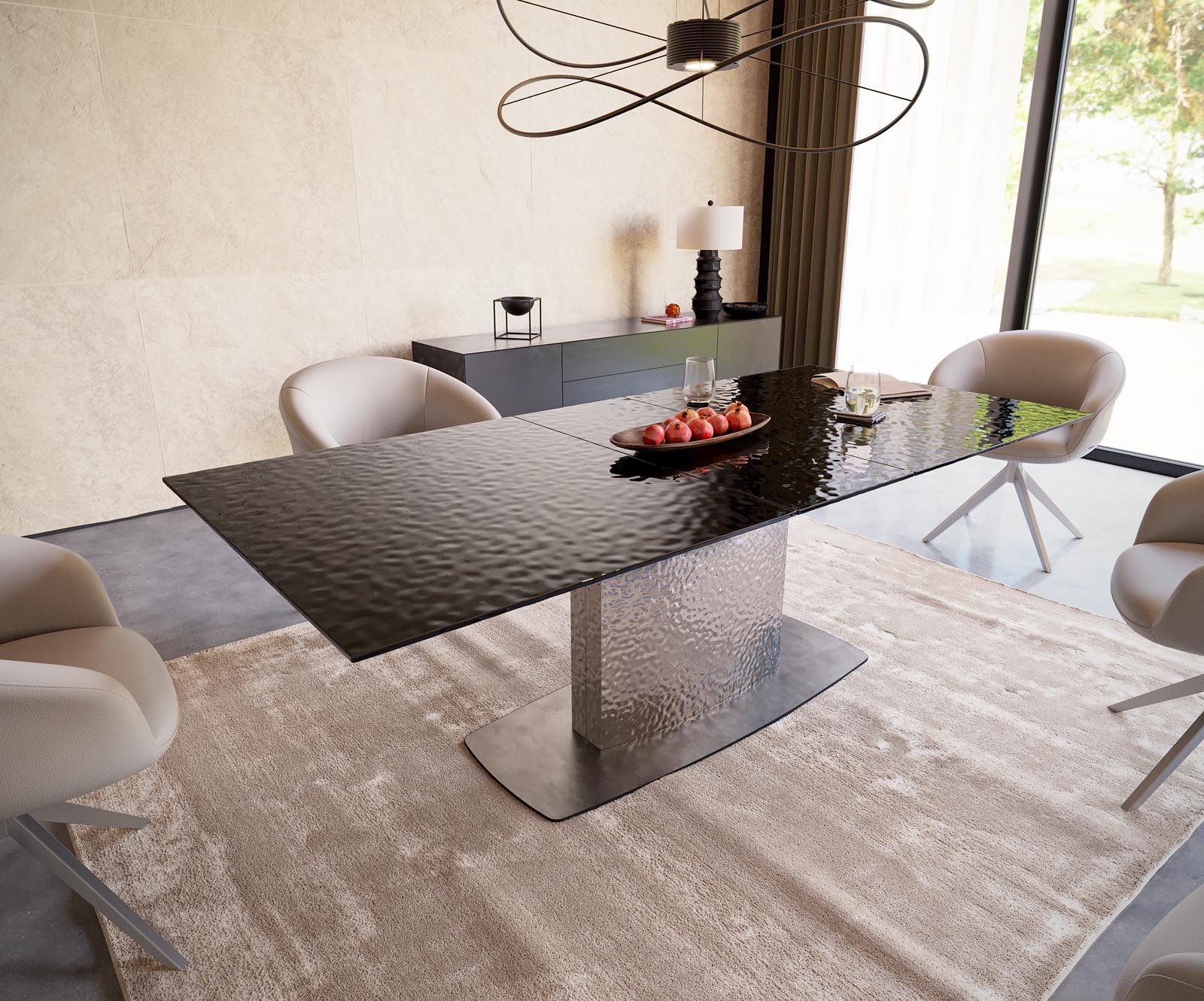 Esstisch Edge 180-220x100 Reliefglas Rauchschwarz 3D-Design Wave Edelstahl ausziehbar Esstisch Edge 180-220x100 Reliefglas Rauchschwarz 3D-Design Wave Edelstahl ausziehbar