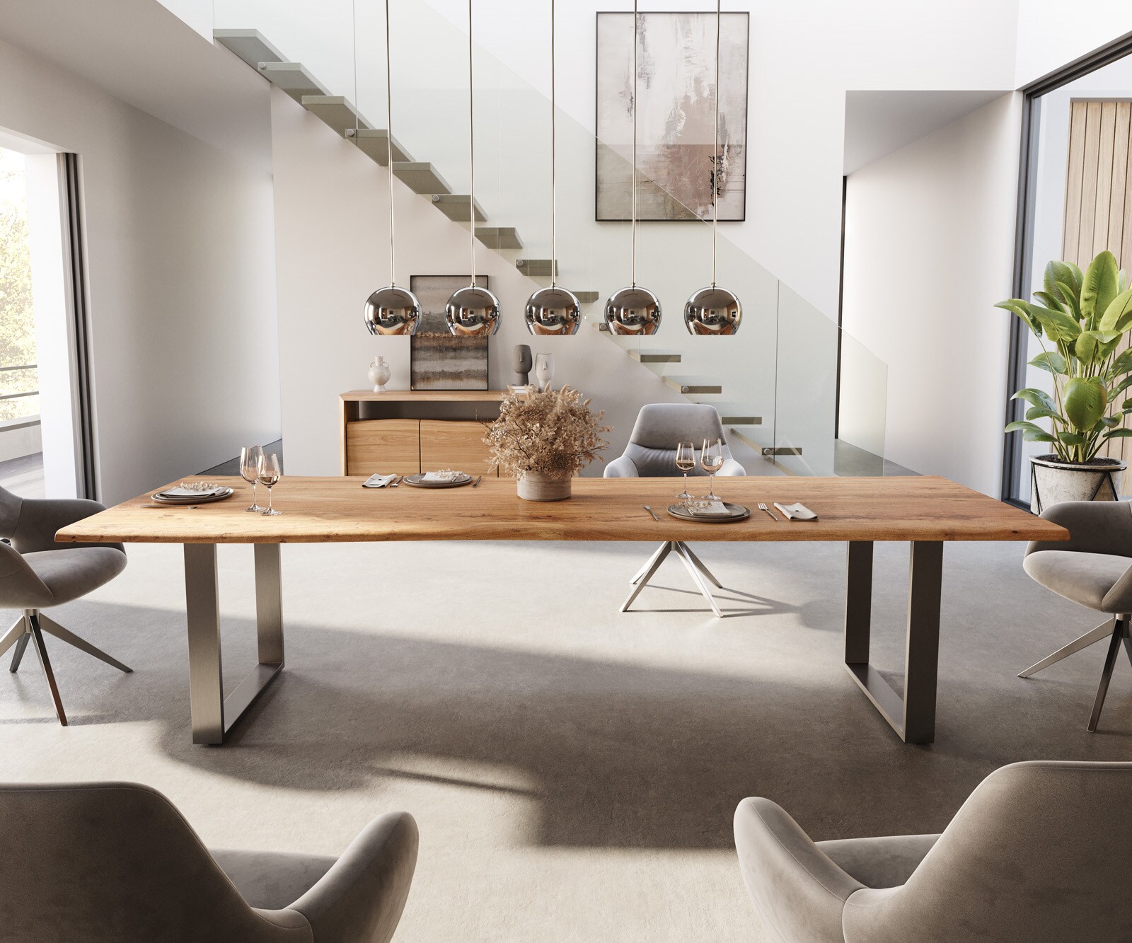 Esstisch Edge 300x100 Akazie Natur Edelstahl Schmal Live-Edge 1